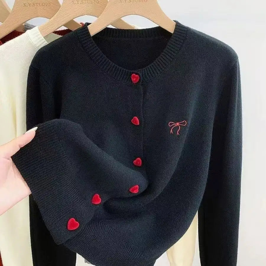 2026 Women Knitted Cardigan Bow Embroidery O-Neck Single Breasted Heart-shaped Button Sweater Korean Casual Solid Knitting Tops