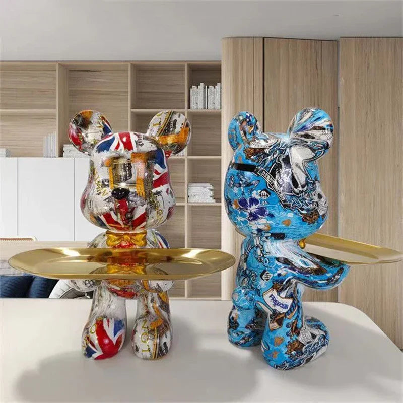 29cm Graffiti Bear Figurine Home Decoration Animal Statue Keys Storage Shelf Modern Room Sculpture Table Decor Abstract Ornament