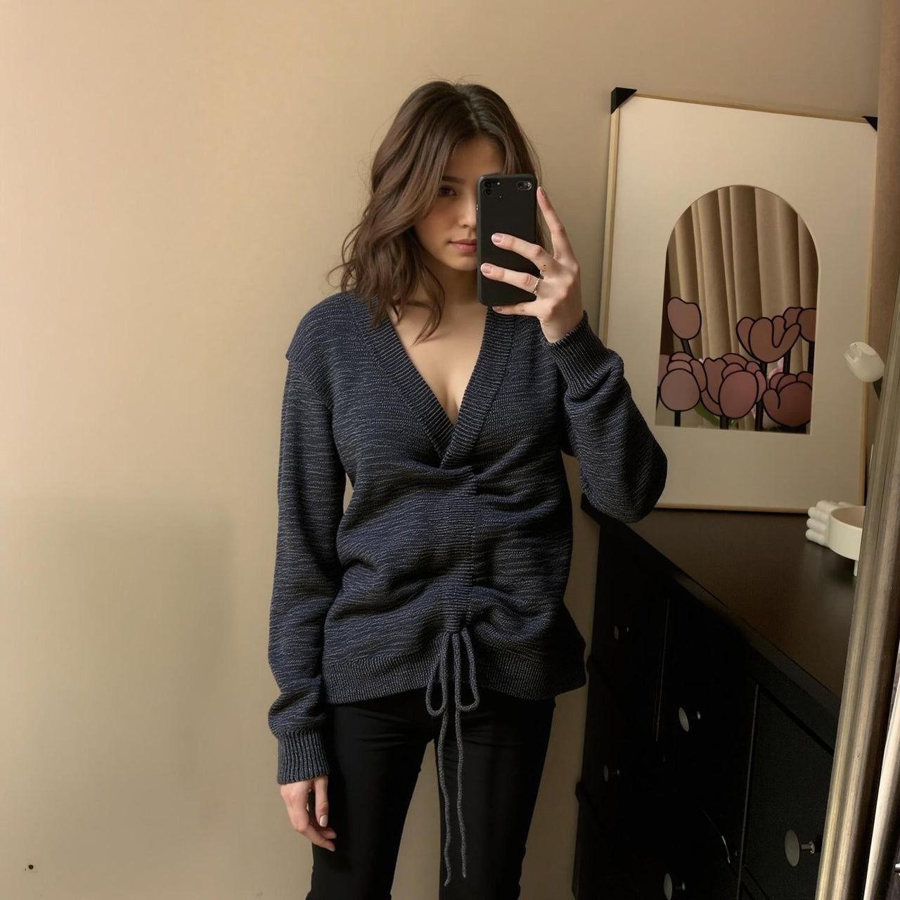 Pleione V-neck Ruched Sweater in Charcoal