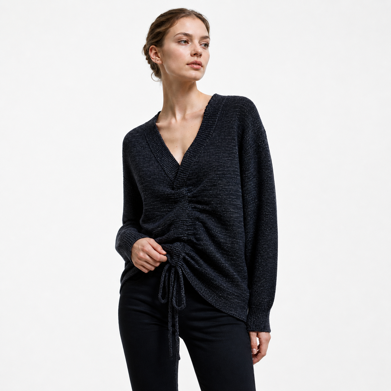 Pleione V-neck Ruched Sweater in Charcoal