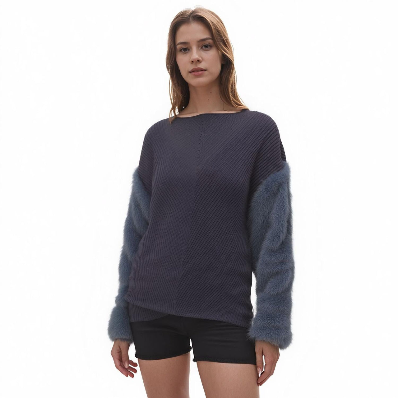 Pleione Faux Fur Sleeve Boat Neck Sweater in Slate Blue
