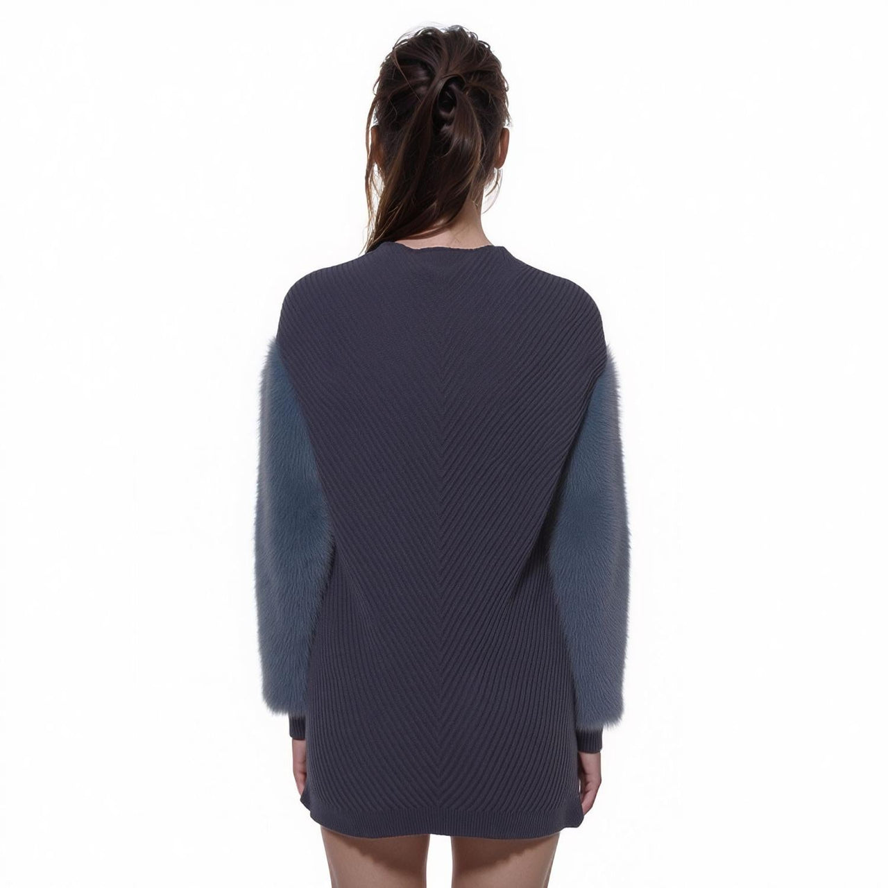 Pleione Faux Fur Sleeve Boat Neck Sweater in Slate Blue