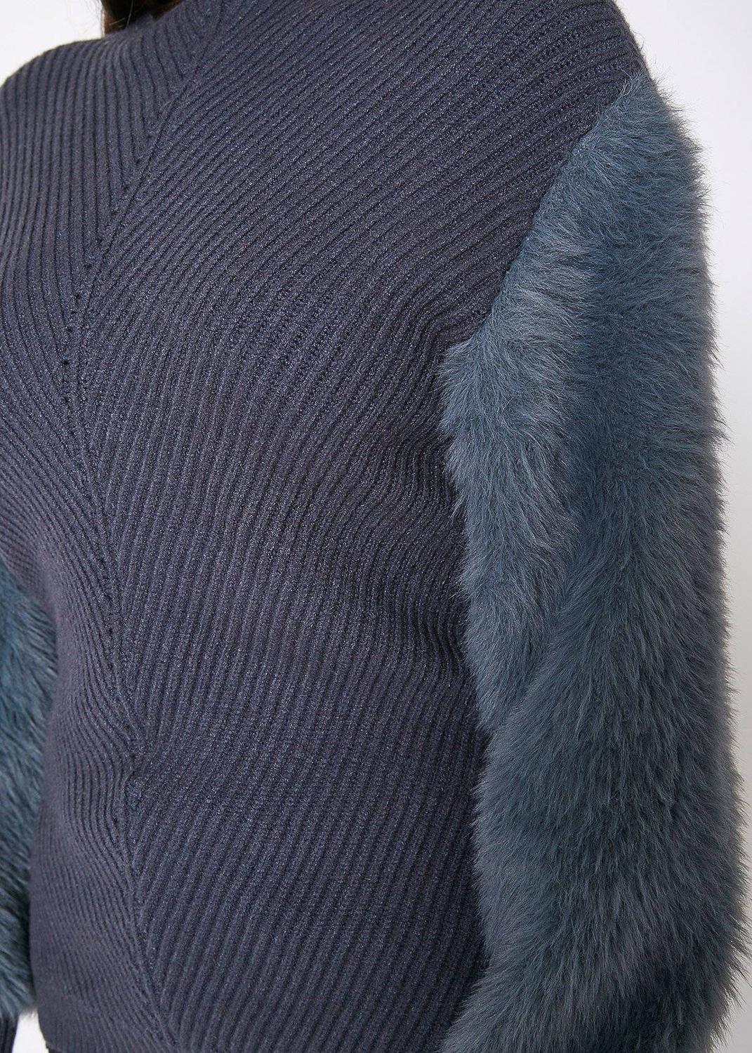 Pleione Faux Fur Sleeve Boat Neck Sweater in Slate Blue