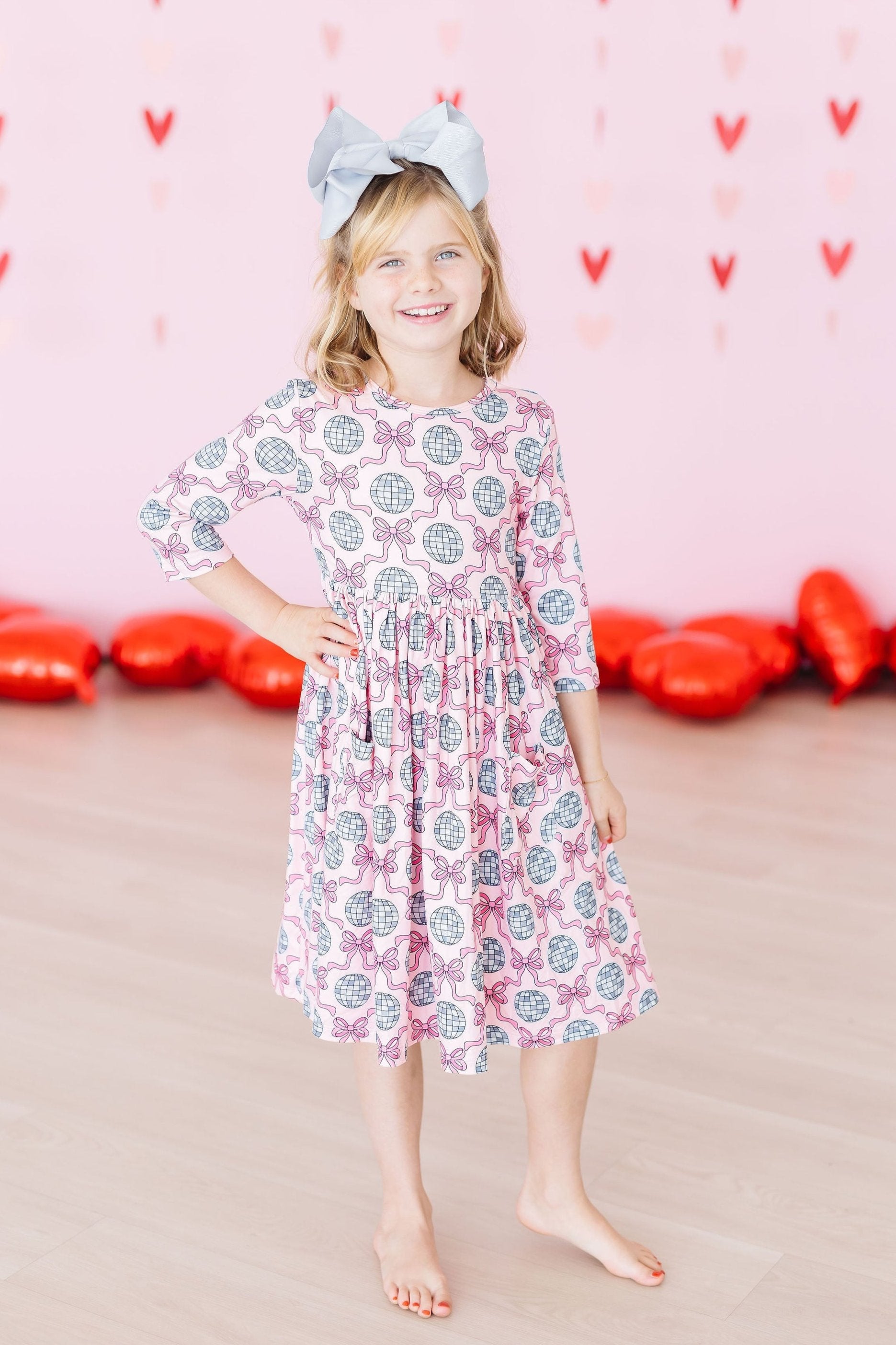 SALE Disco Bows 3/4 Sleeve Pocket Twirl Dress