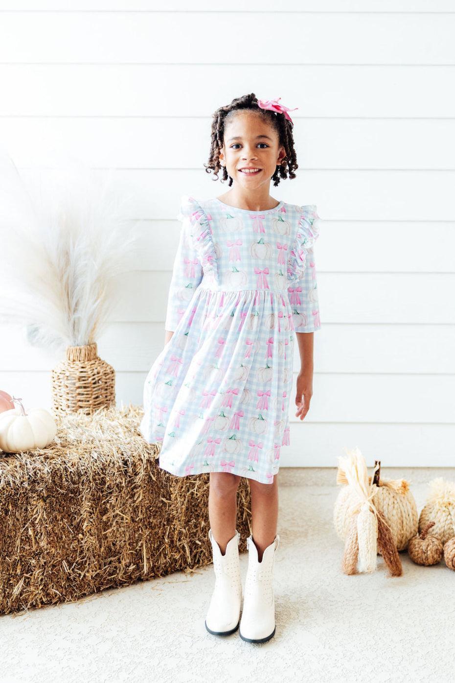 SALE Pumpkin Picnic 3/4 Sleeve Ruffle Twirl Dress