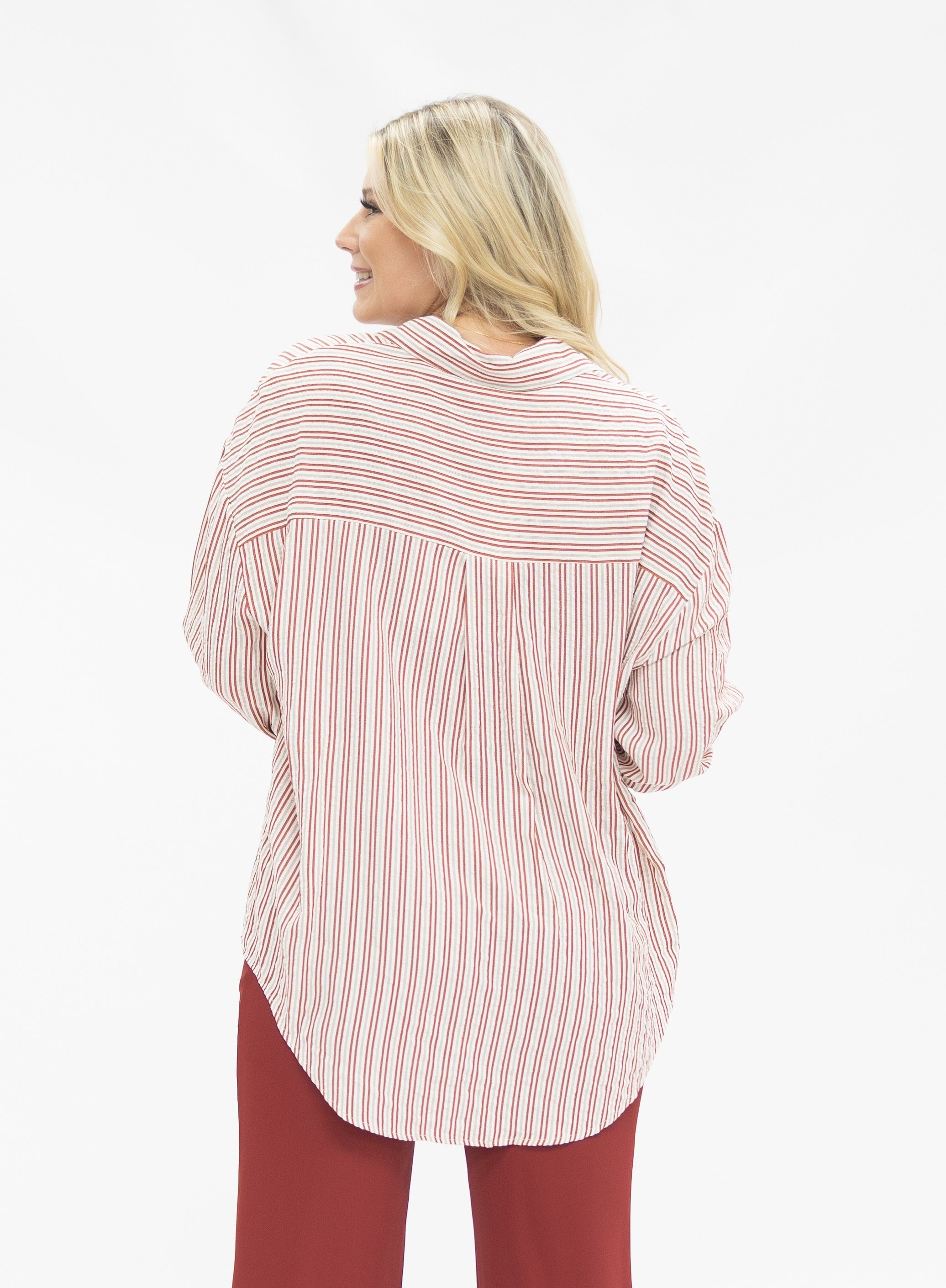 Kathryn Classic Button-Up, Red Stripes