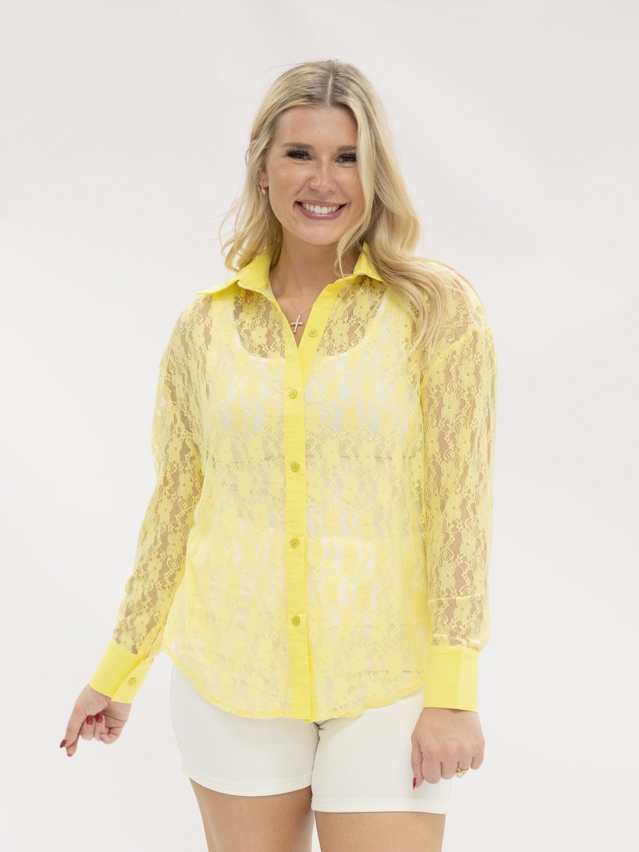 Kathryn Classic Button-Up, Yellow Lace