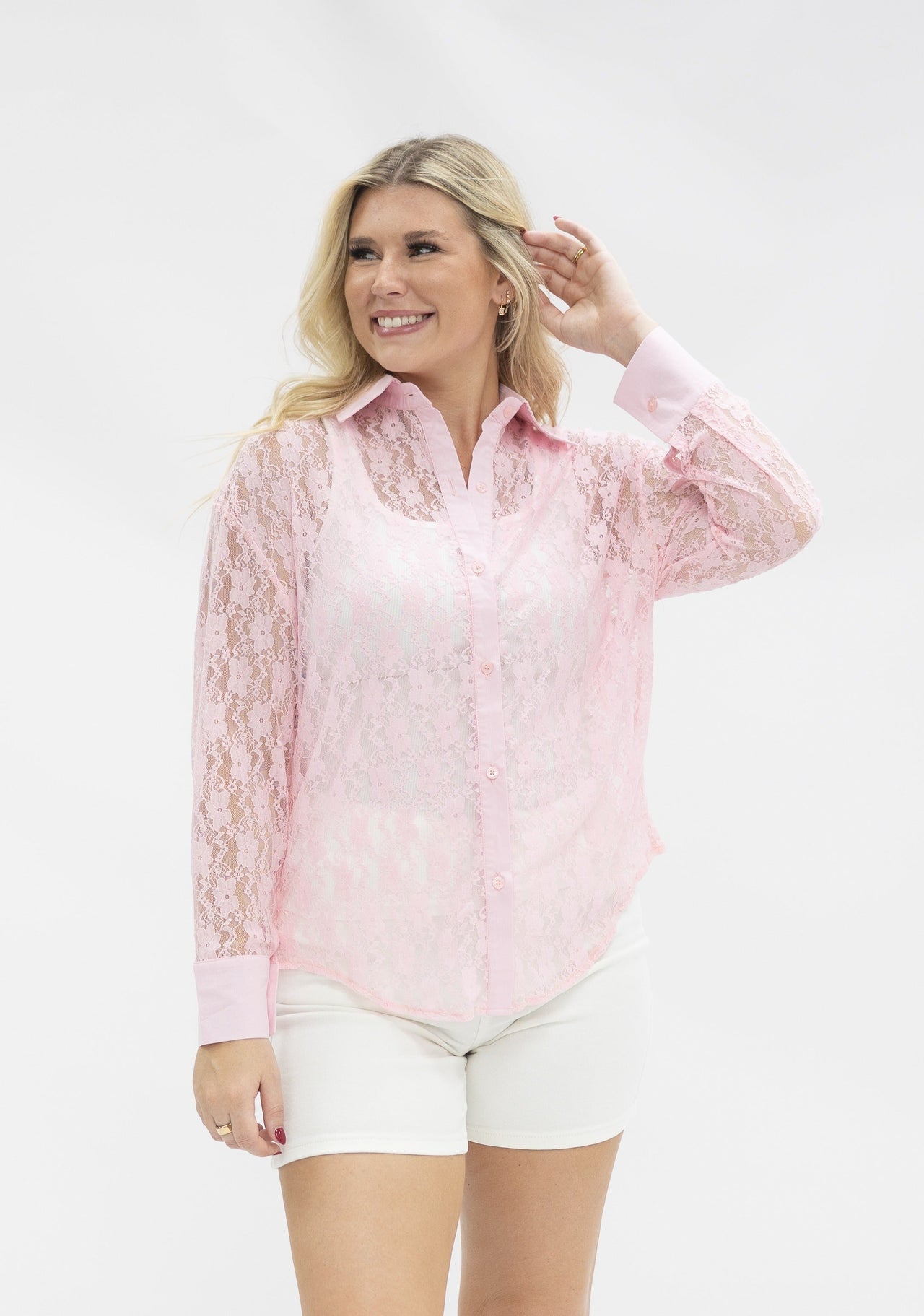 Kathryn Classic Button-Up, Light Pink Lace