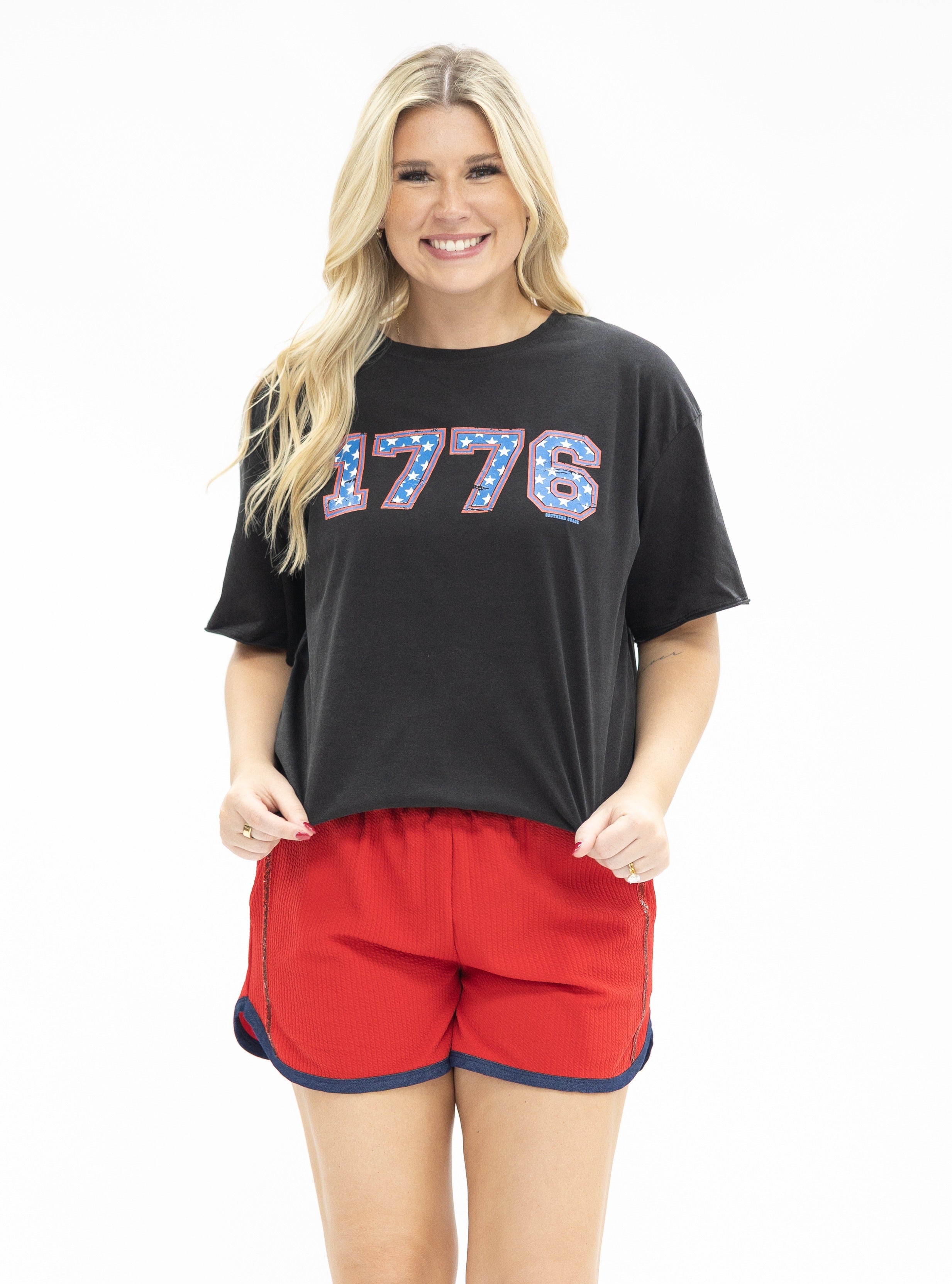 Red Shorts with Denim Accents