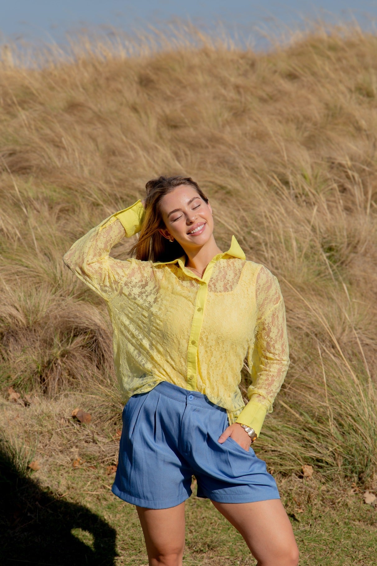 Kathryn Classic Button-Up, Yellow Lace