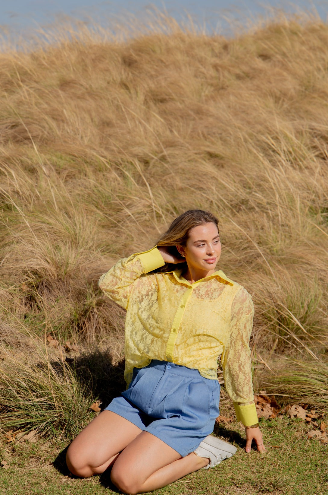 Kathryn Classic Button-Up, Yellow Lace