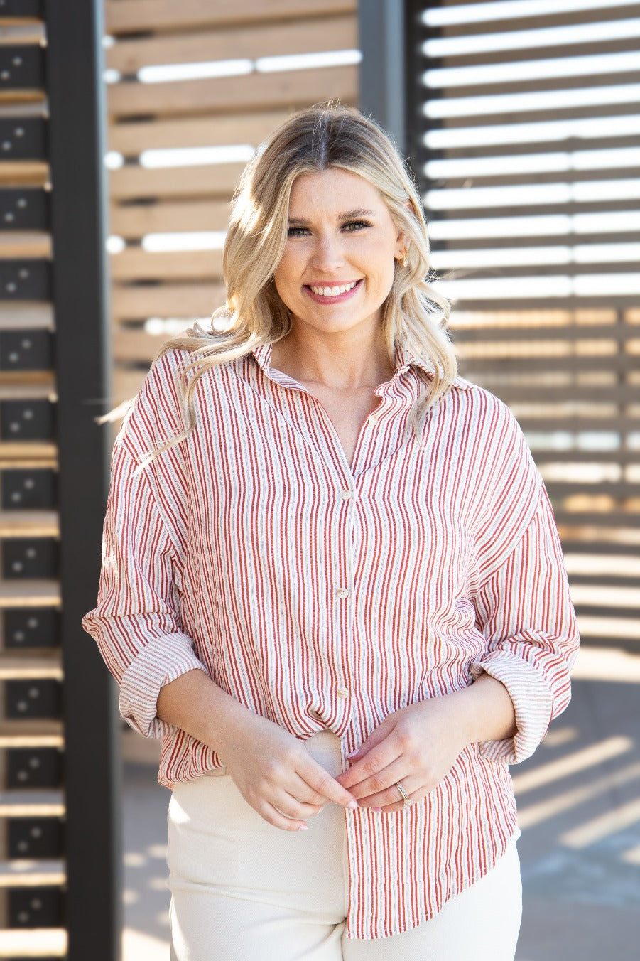 Kathryn Classic Button-Up, Red Stripes