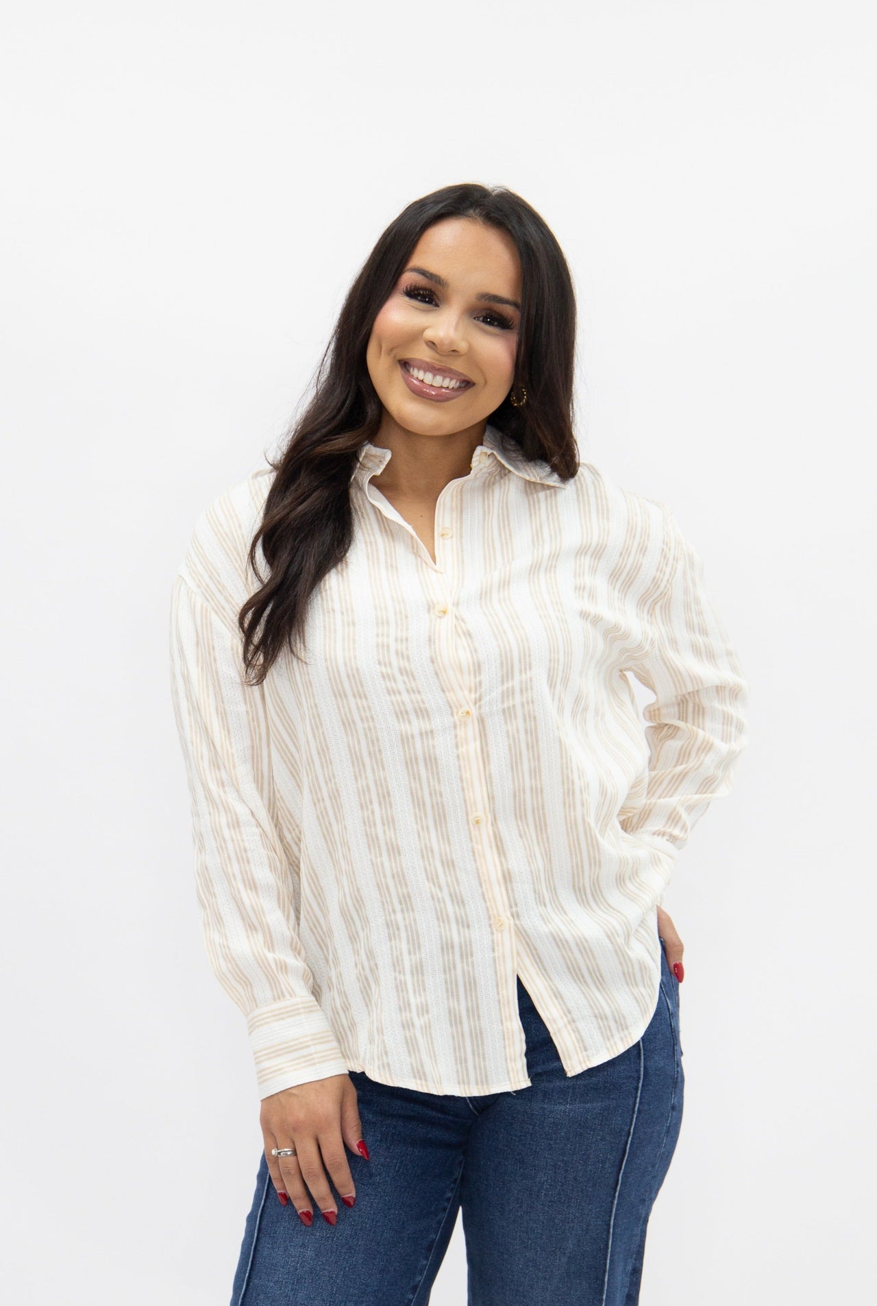 Kathryn Button-Up, Beige Stripes