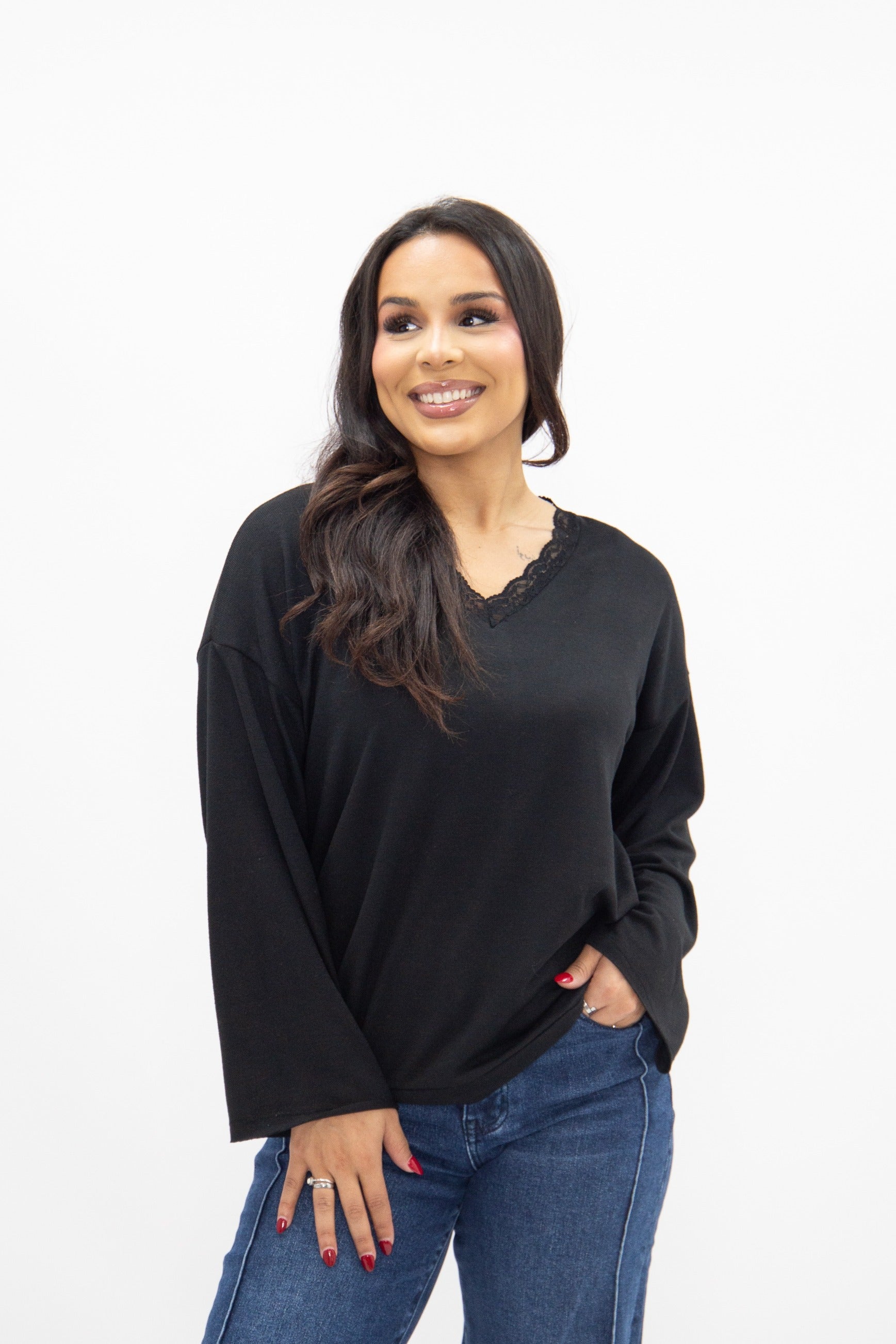 V-Neck Top with Lace Trim, Black