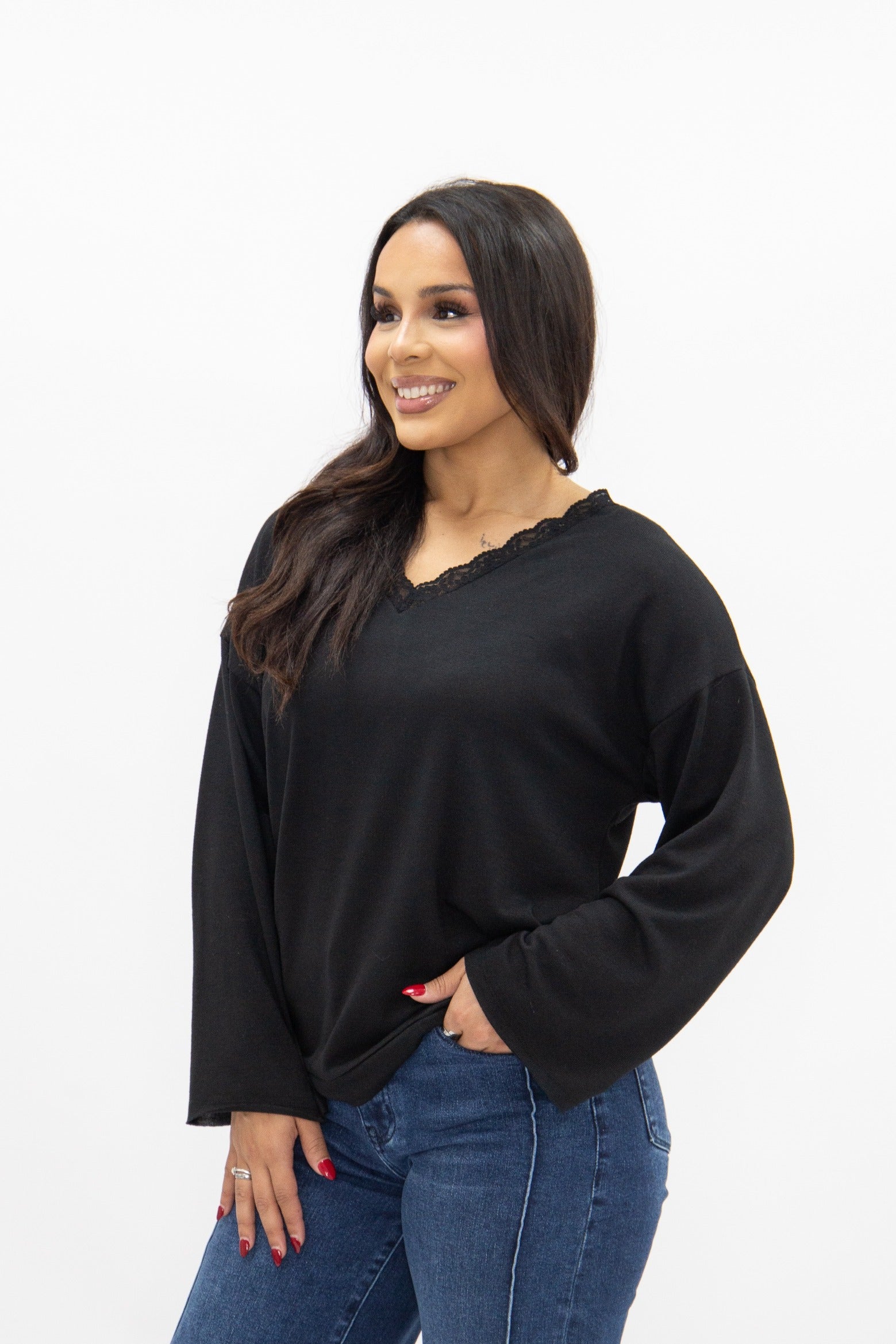 V-Neck Top with Lace Trim, Black