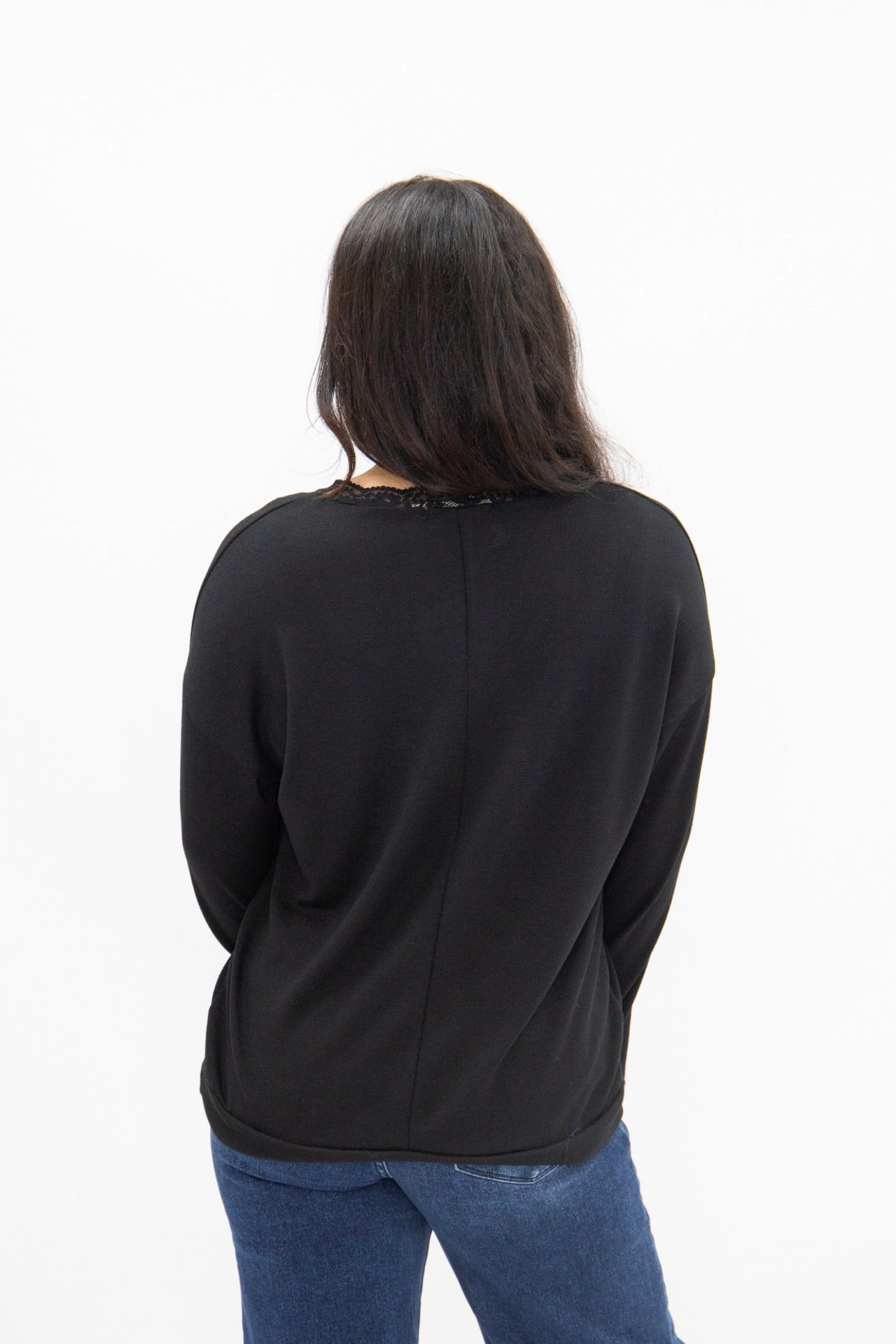 V-Neck Top with Lace Trim, Black
