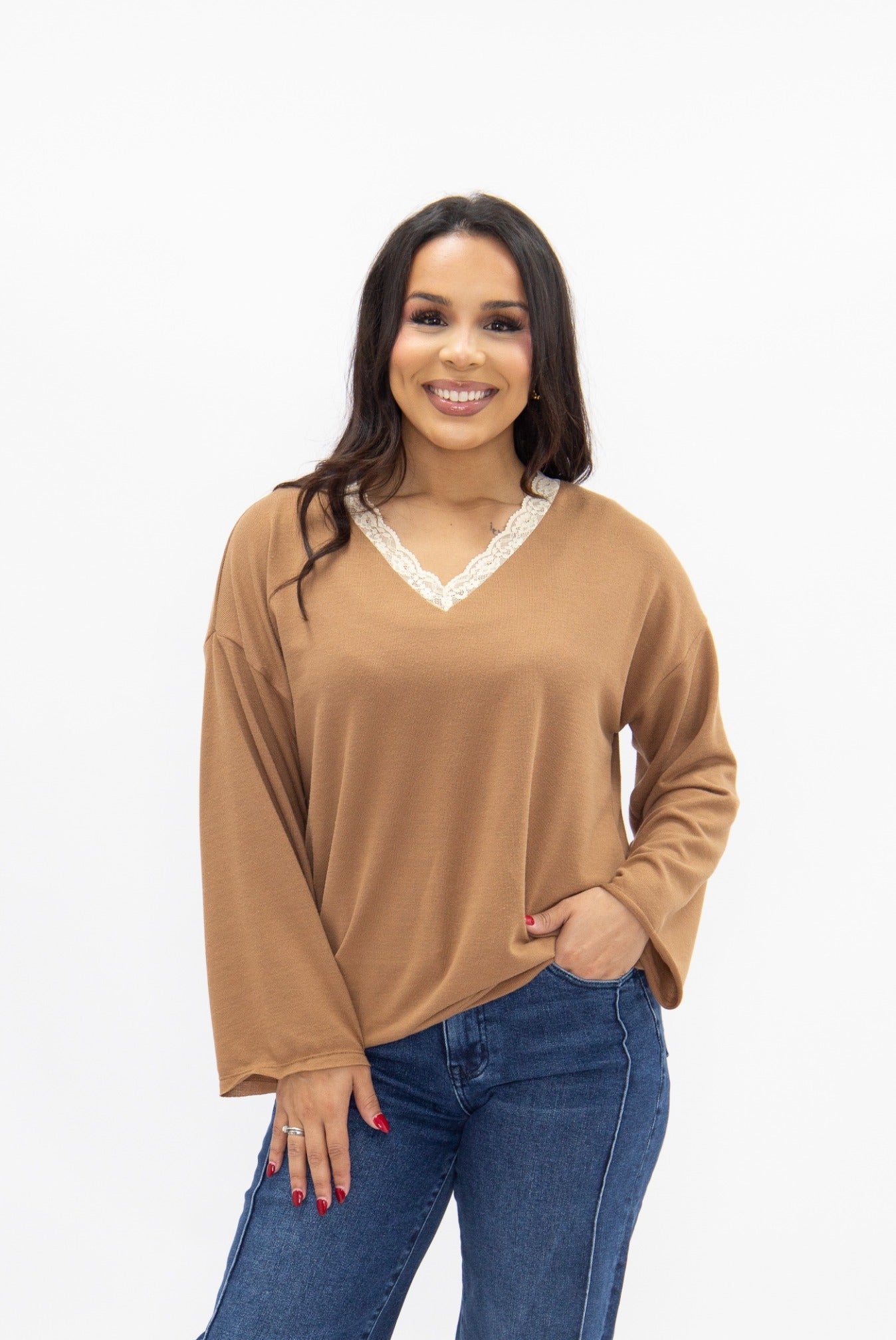 V-Neck Top with Lace Trim, Brown