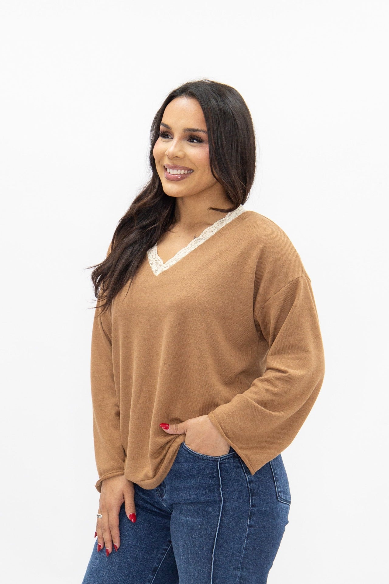 V-Neck Top with Lace Trim, Brown