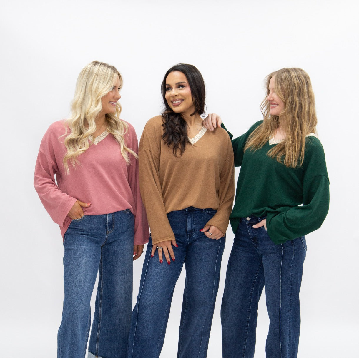 V-Neck Top with Lace Trim, Dusty Rose