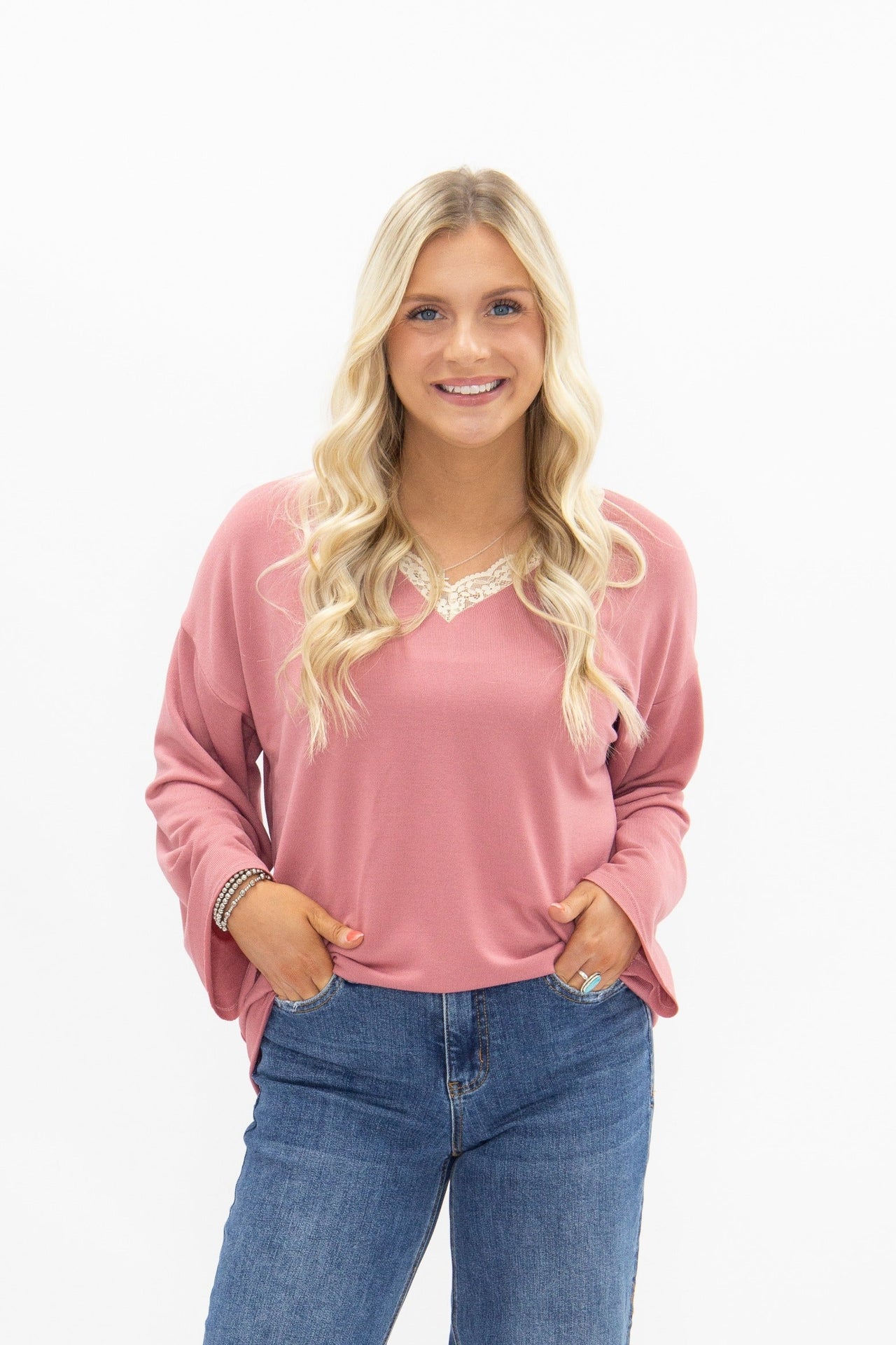V-Neck Top with Lace Trim, Dusty Rose