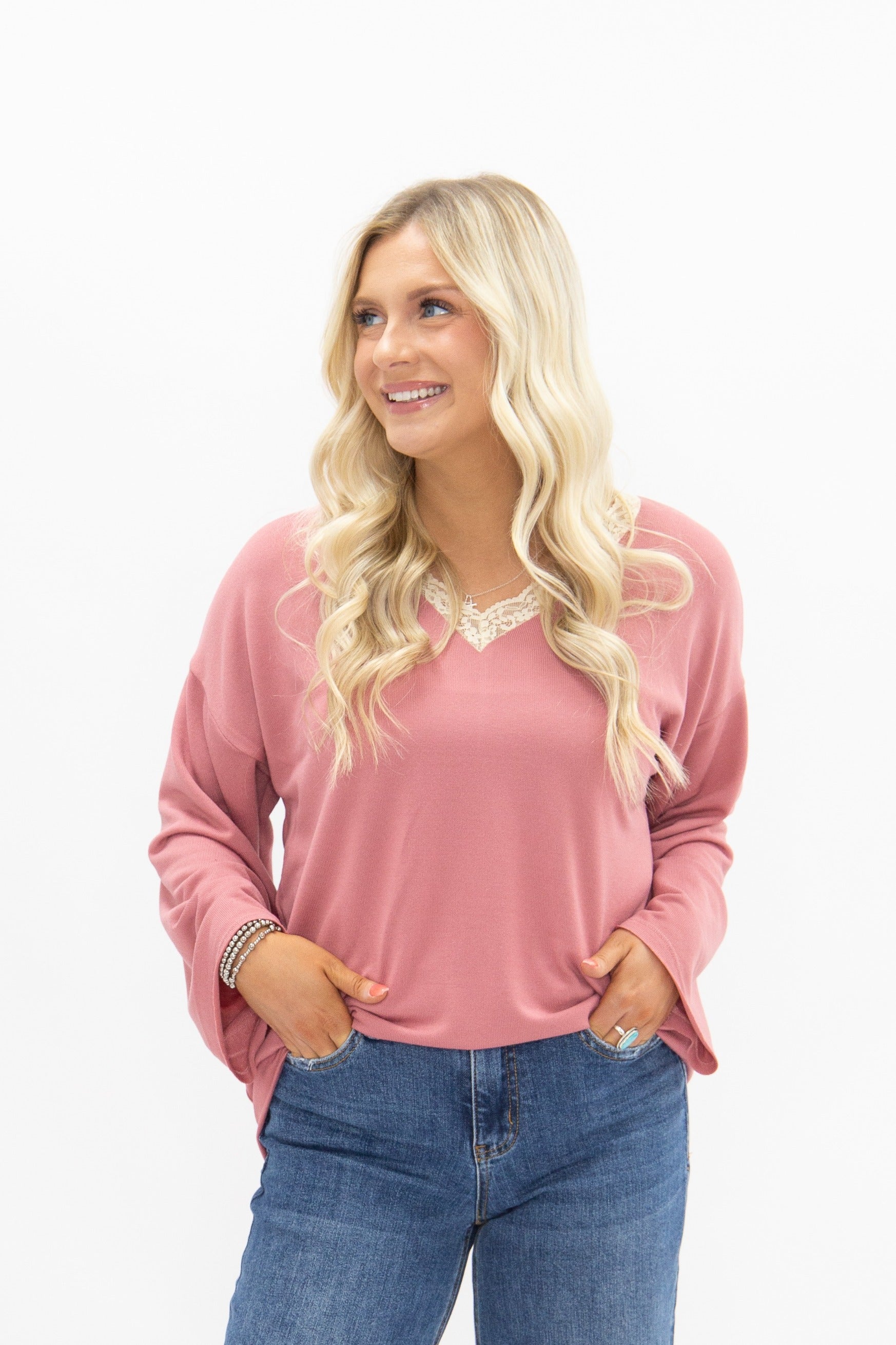 V-Neck Top with Lace Trim, Dusty Rose