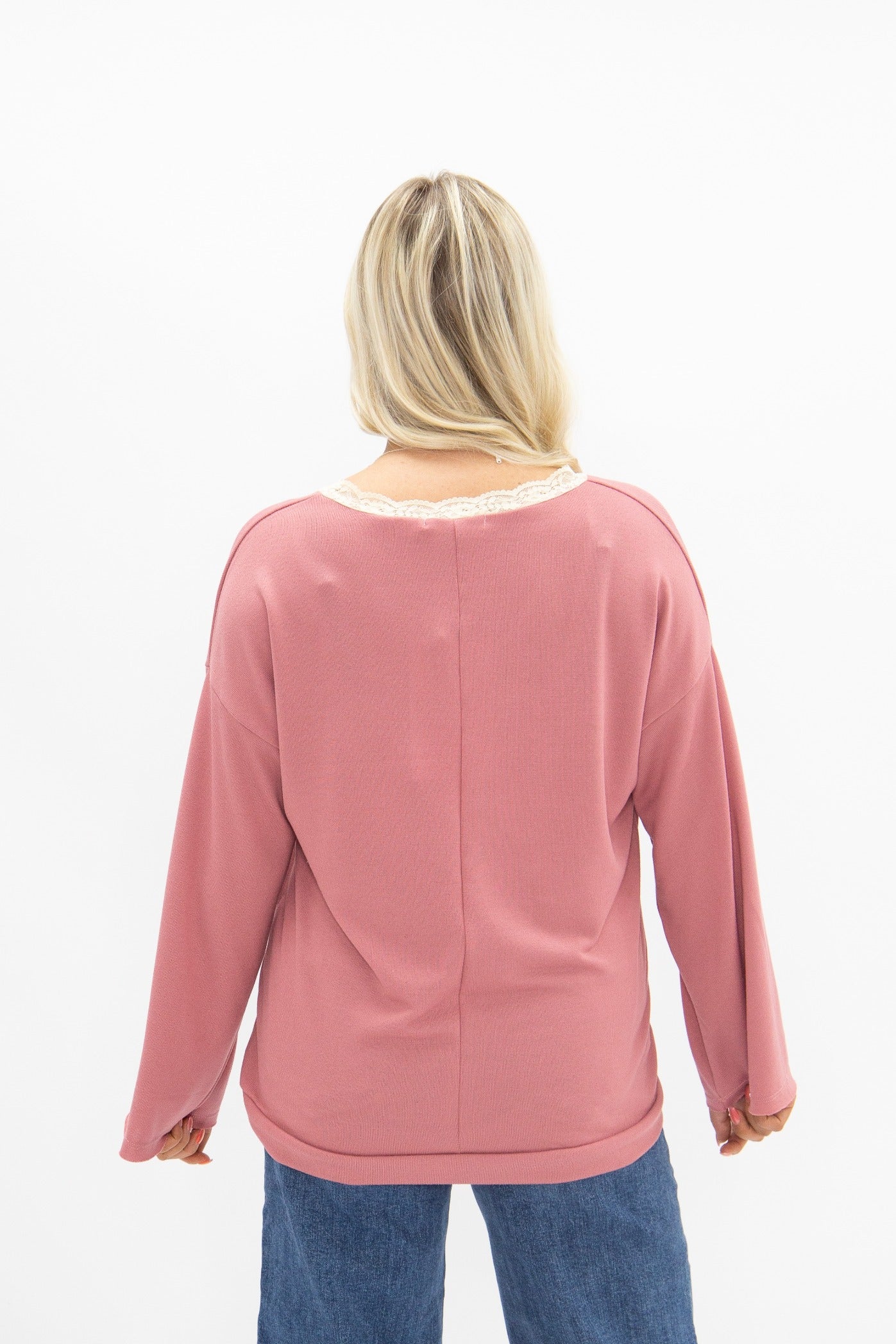 V-Neck Top with Lace Trim, Dusty Rose