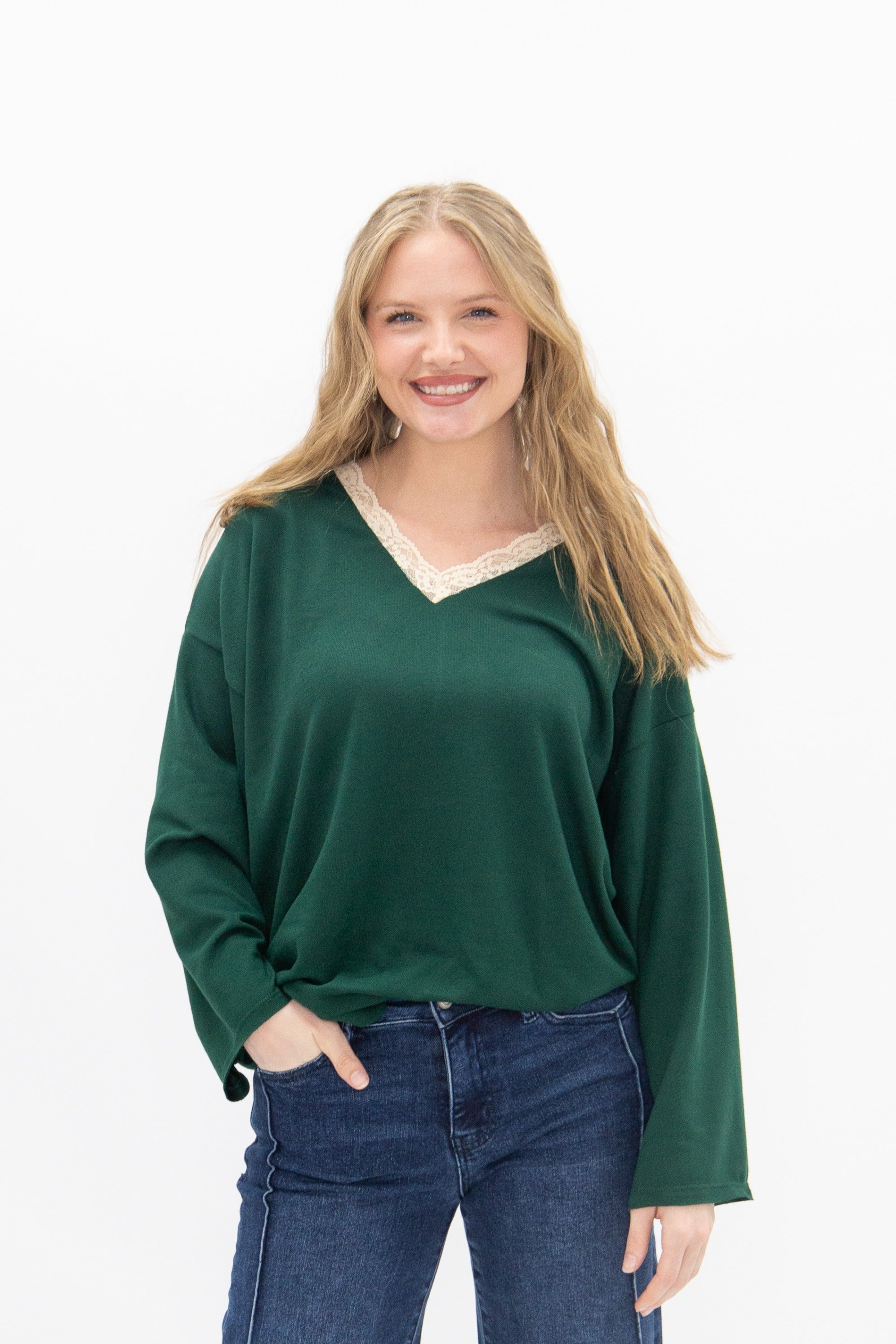 V-Neck Top with Lace Trim, Forest Green