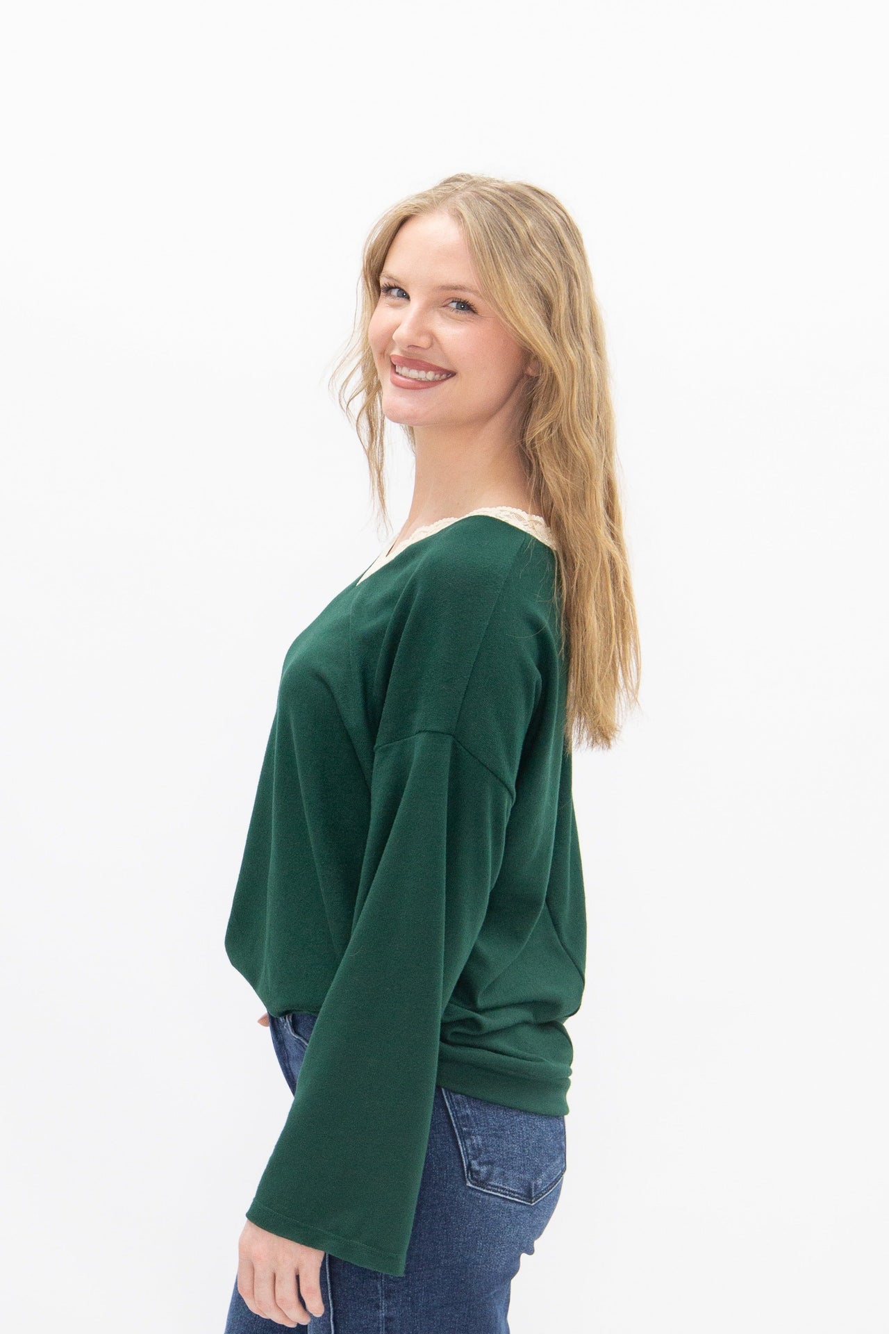 V-Neck Top with Lace Trim, Forest Green