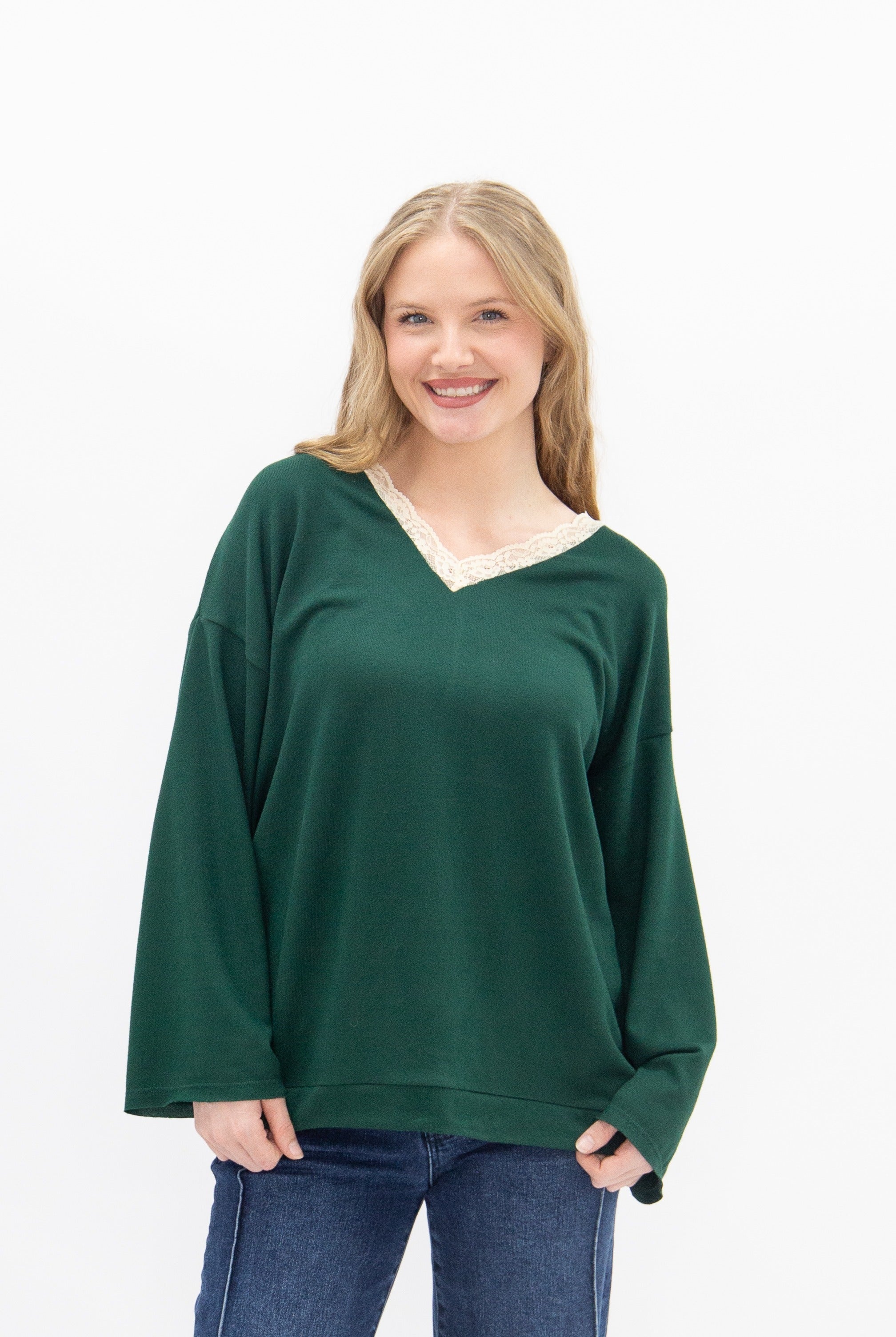 V-Neck Top with Lace Trim, Forest Green