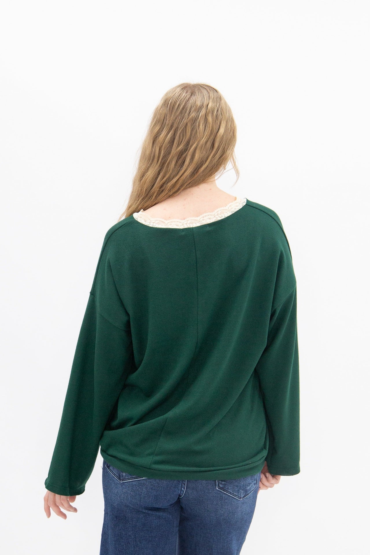 V-Neck Top with Lace Trim, Forest Green