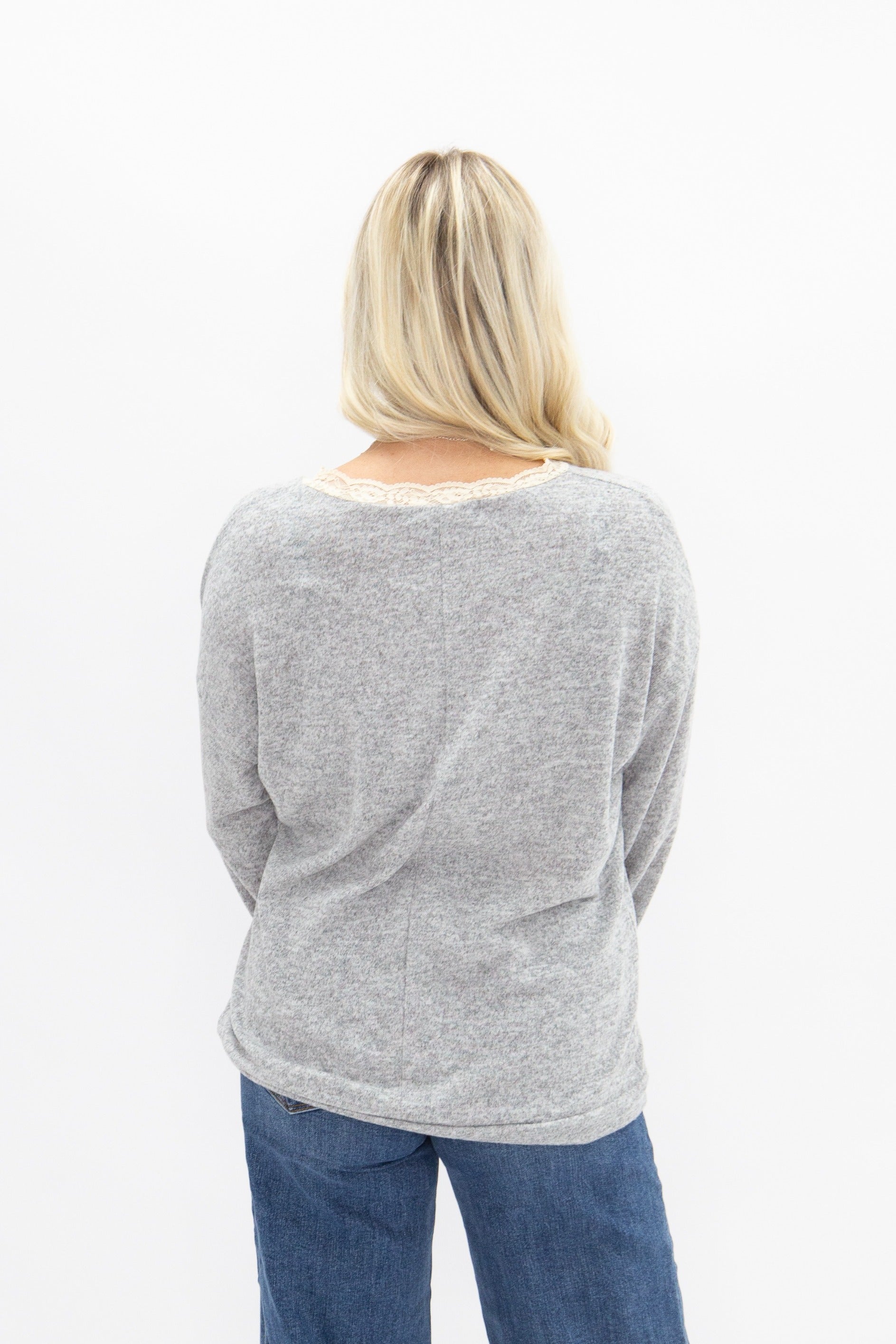 V-Neck Top with Lace Trim, Grey