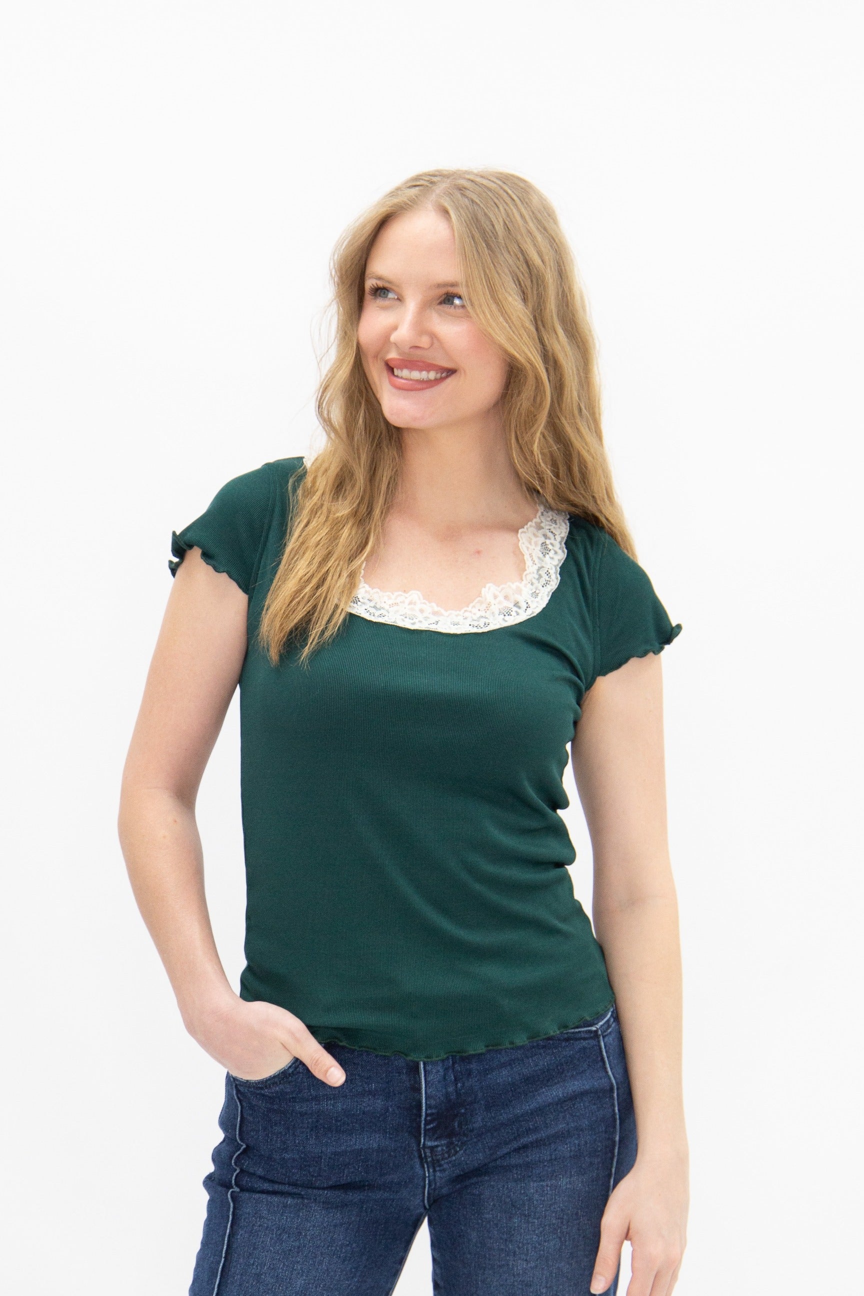 Square Neck Tee with Lace Trim, Forest Green
