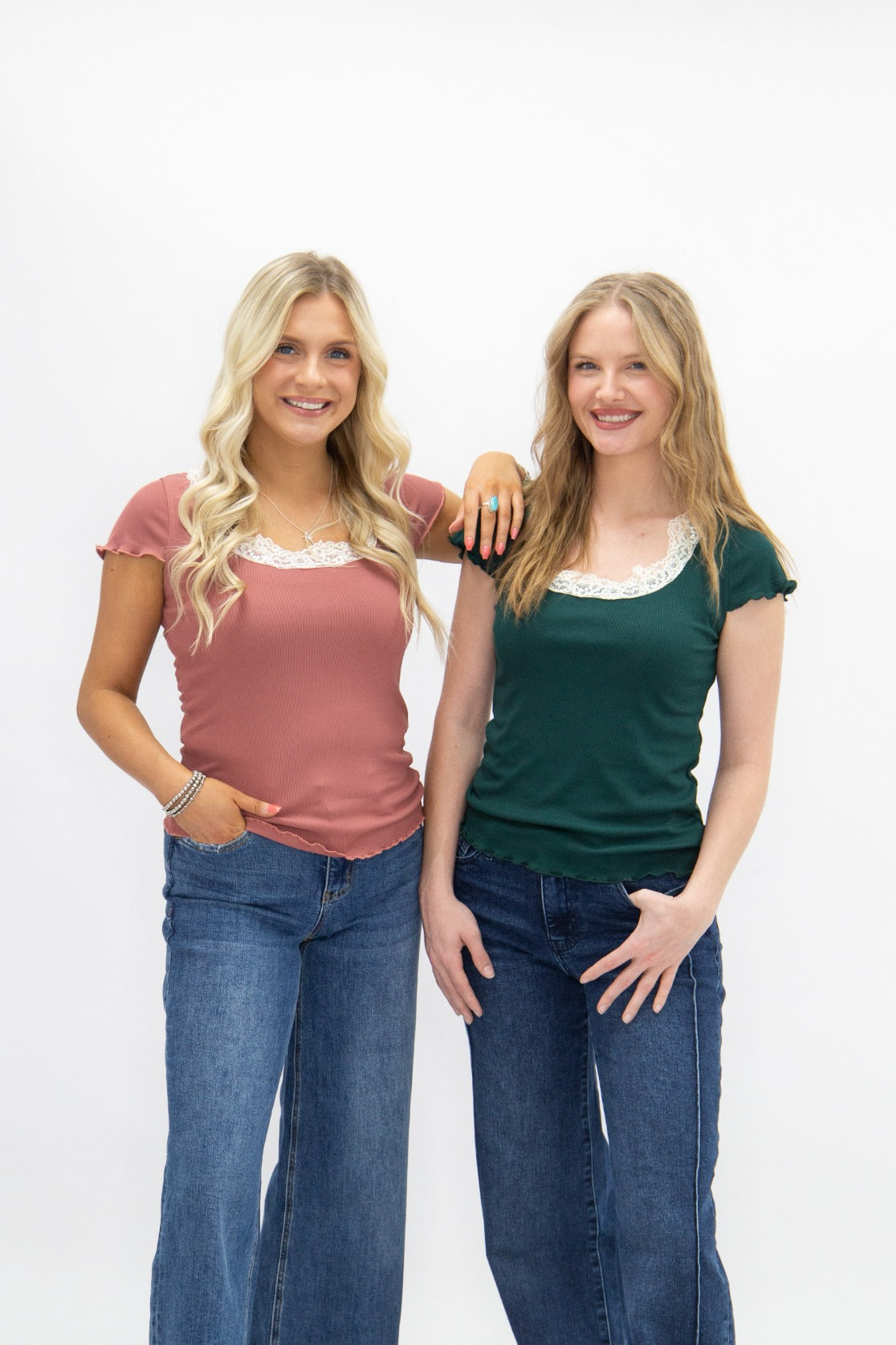 Square Neck Tee with Lace Trim, Forest Green