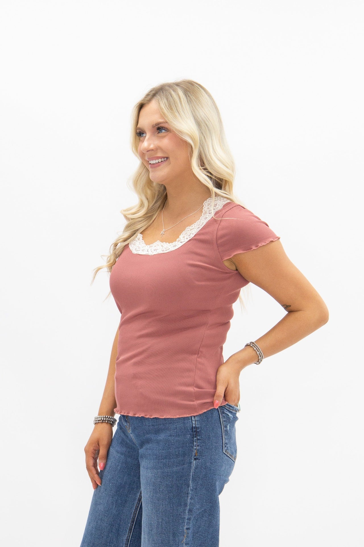 Square Neck Tee with Lace Trim, Mauve
