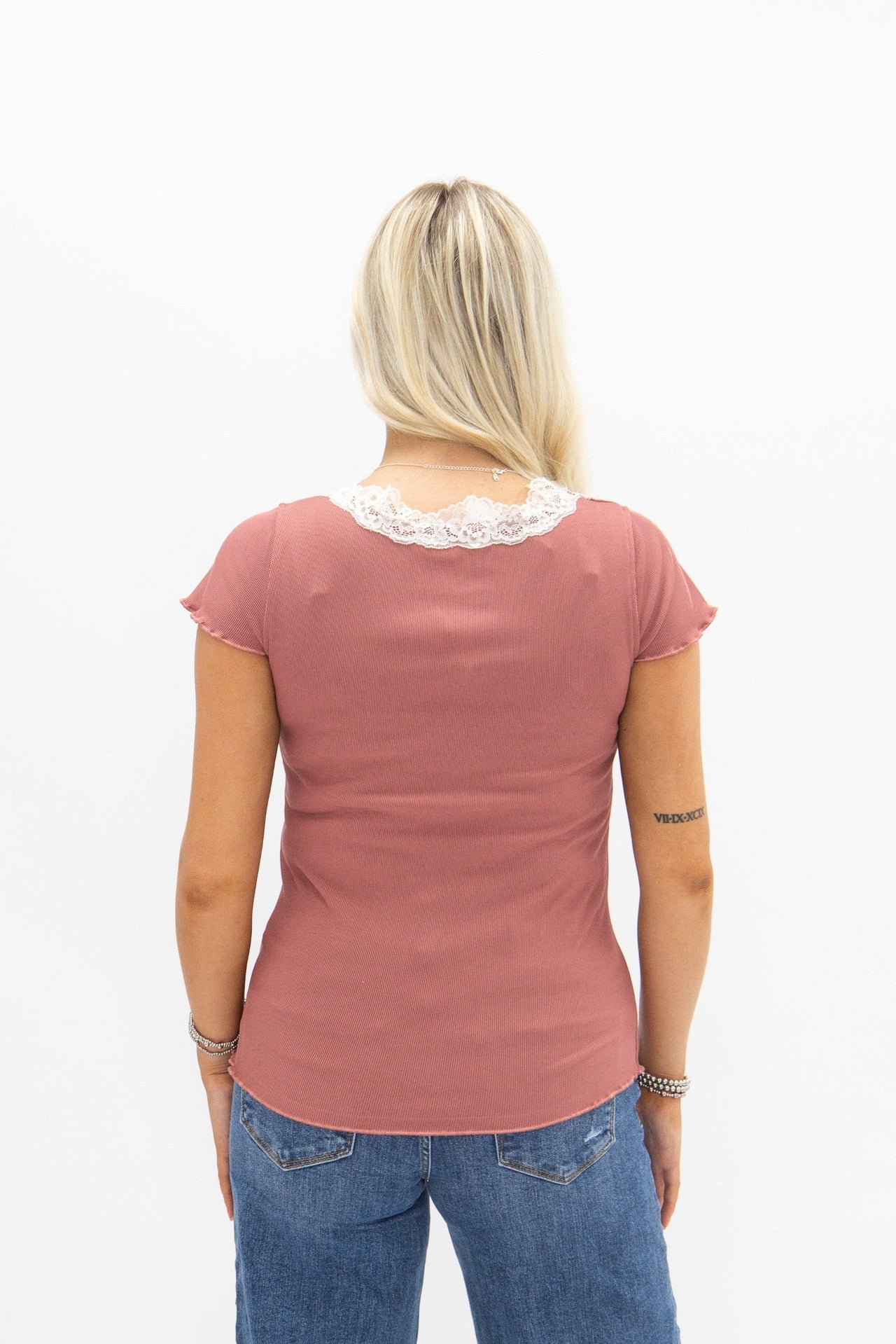 Square Neck Tee with Lace Trim, Mauve