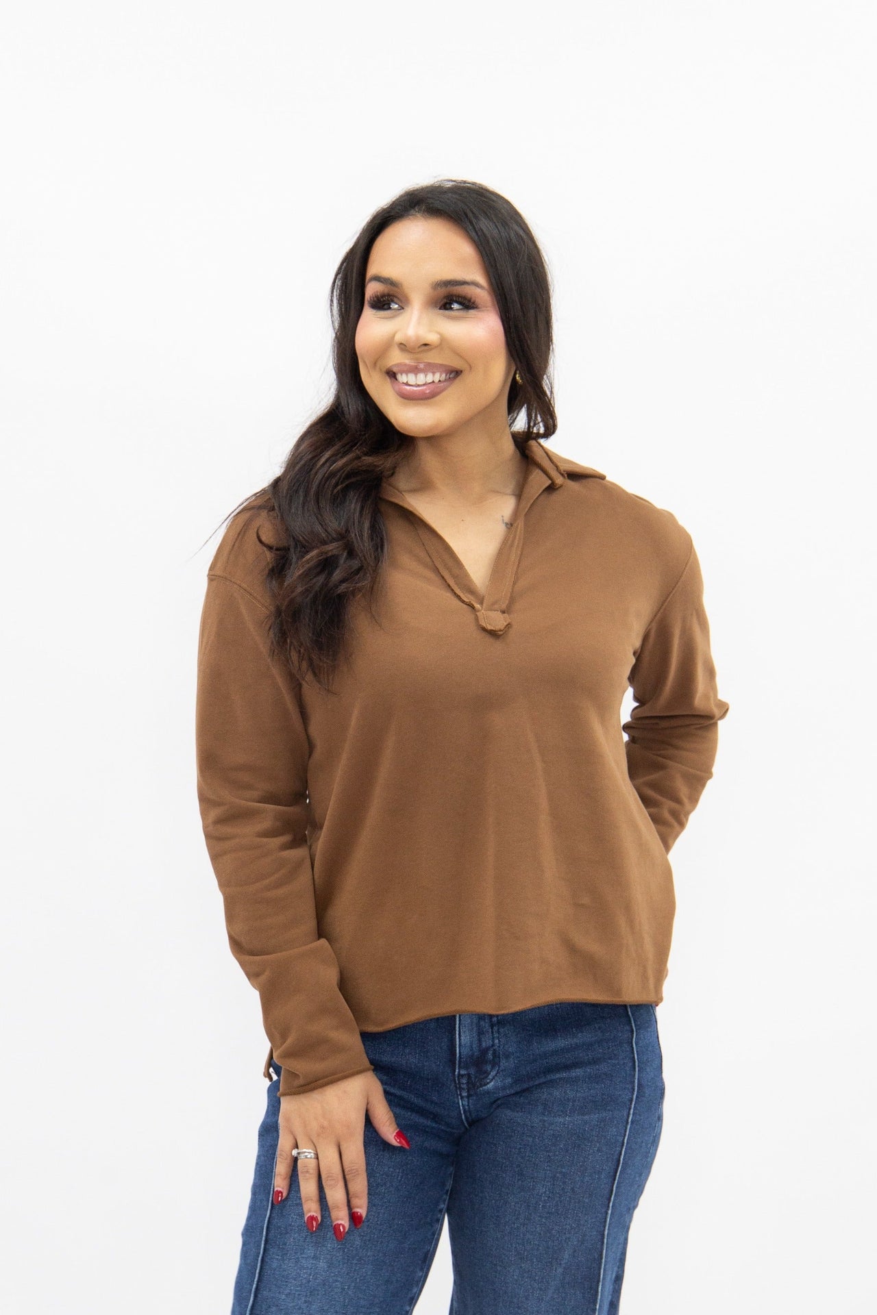 V-Neck Collared Pullover, Brown