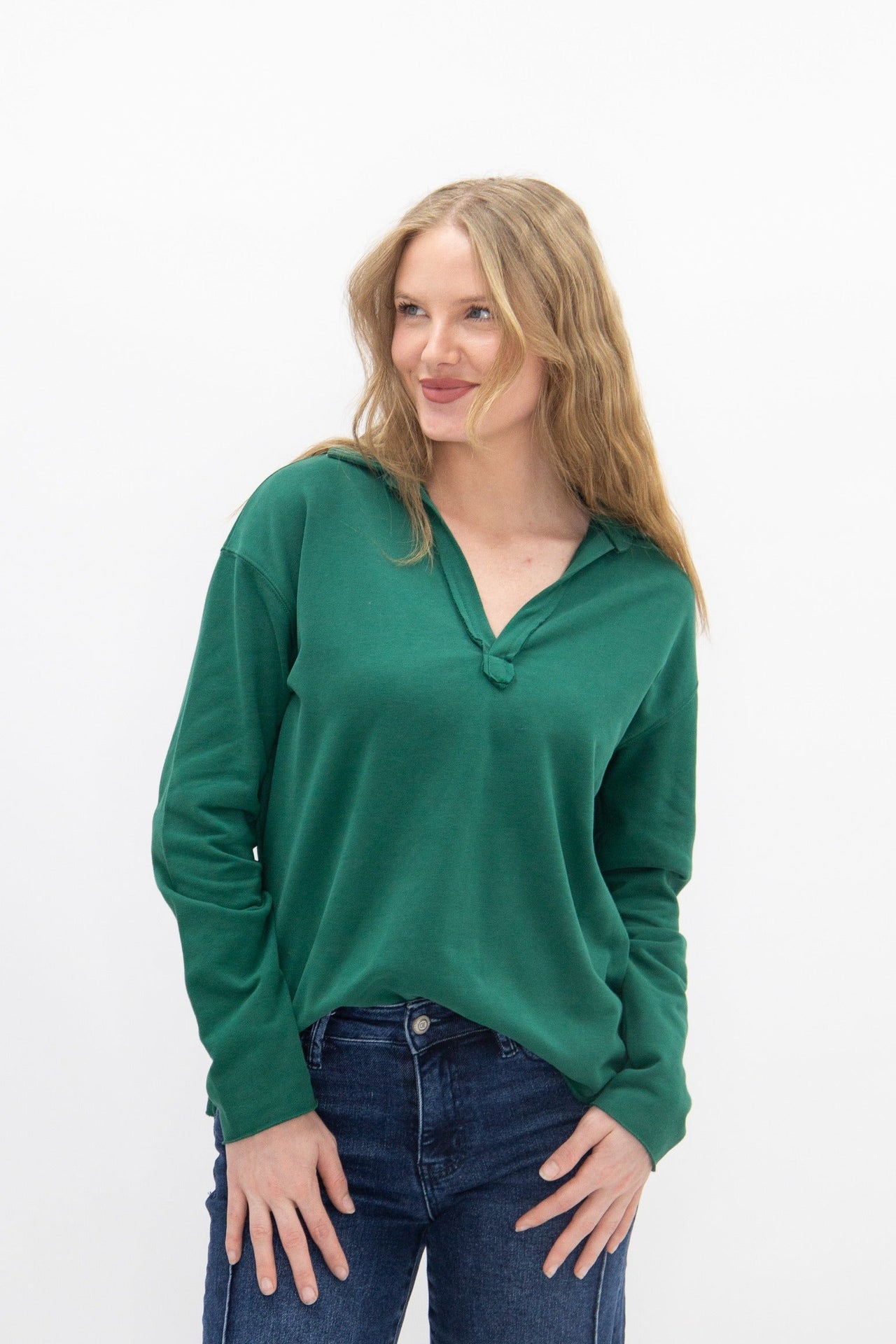 V-Neck Collared Pullover, Green