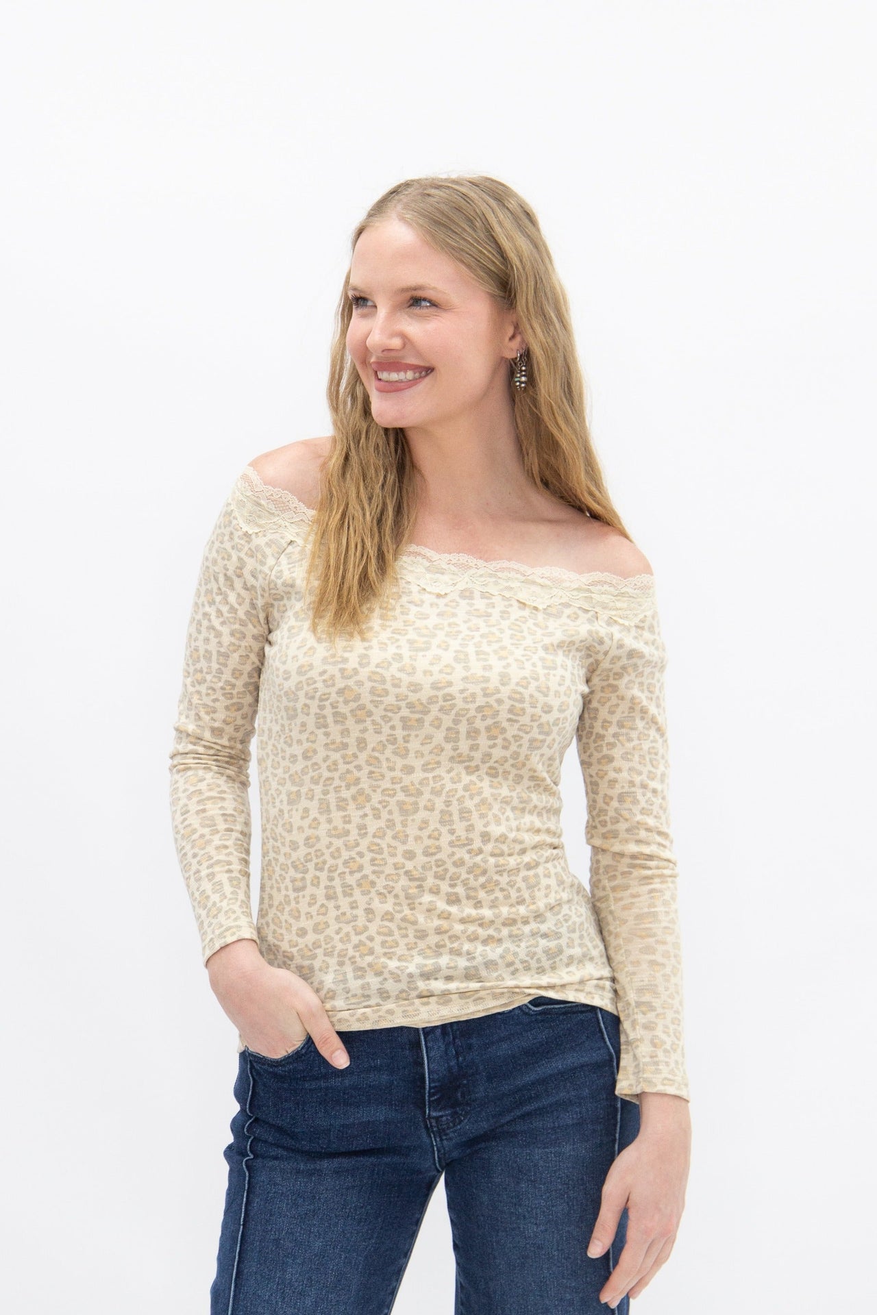 Longsleeve Off-the-Shoulder Top with Lace Trim, Leopard