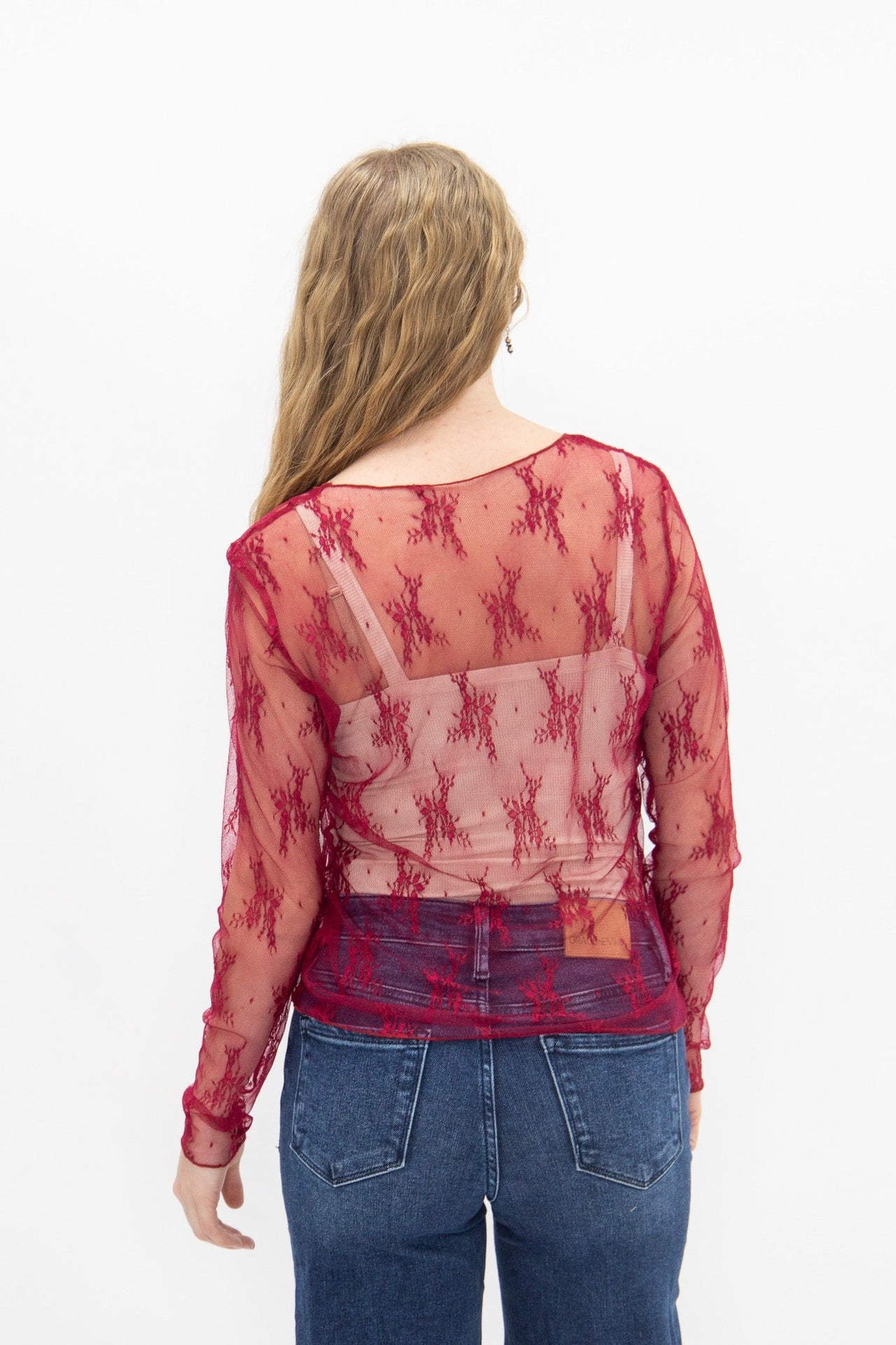 Lace Long-sleeve Top, Red