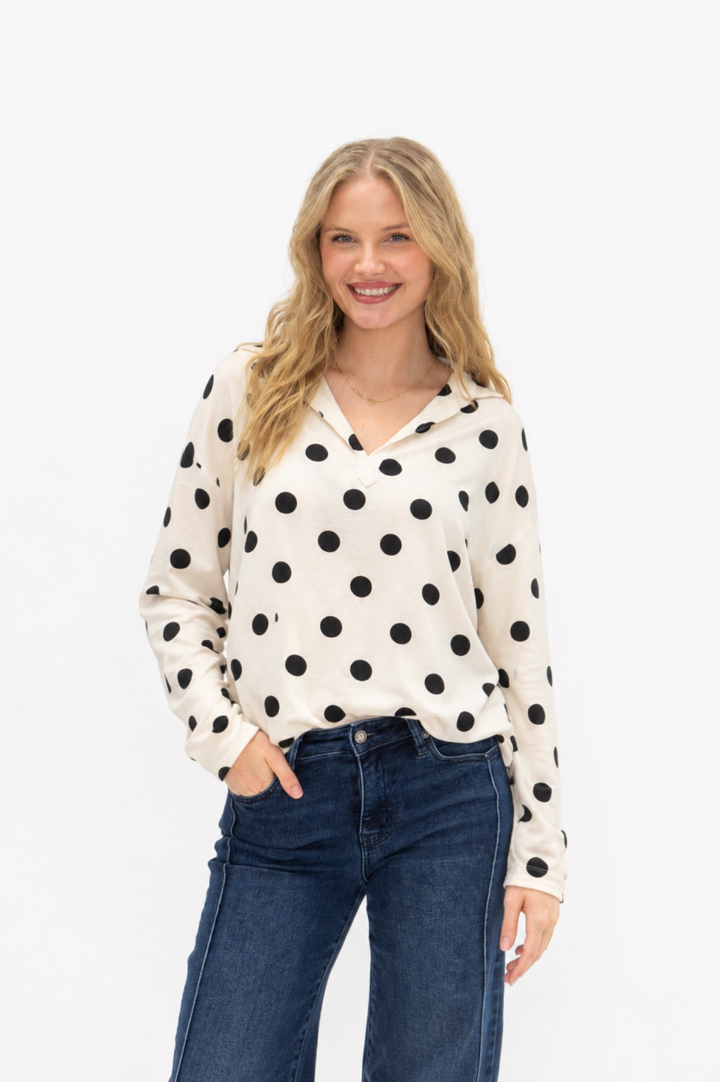 V-Neck Collared Pullover, Polka Dot