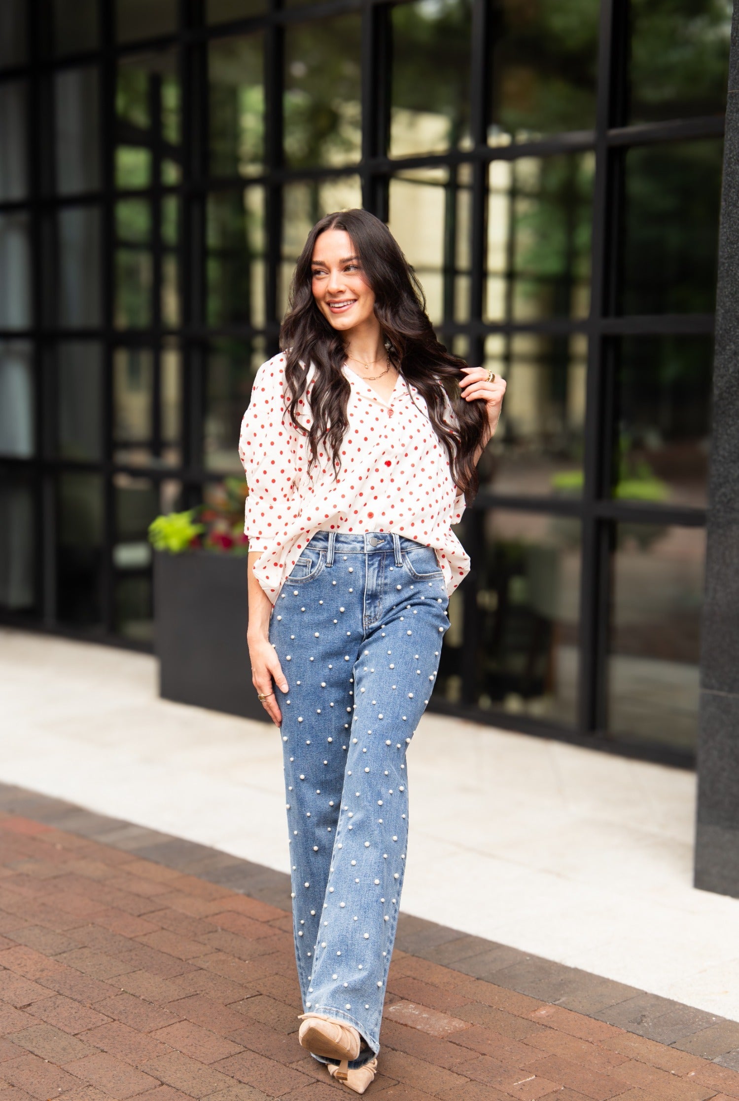 Kathryn Classic Button-Up, Red Polka-Dot