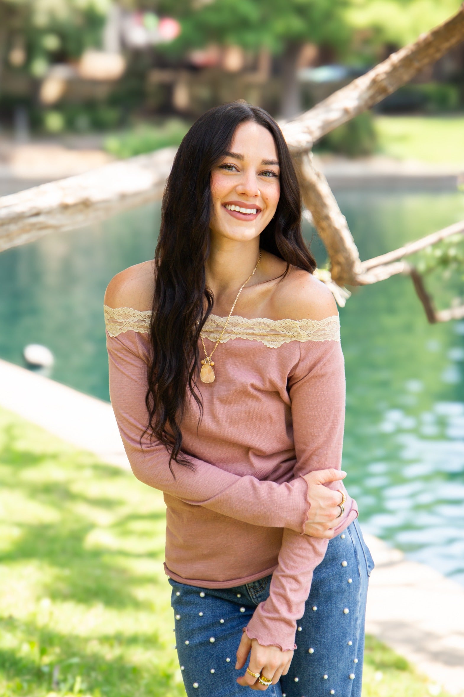 Longsleeve Off-the-Shoulder Top with Lace Trim, Mauve