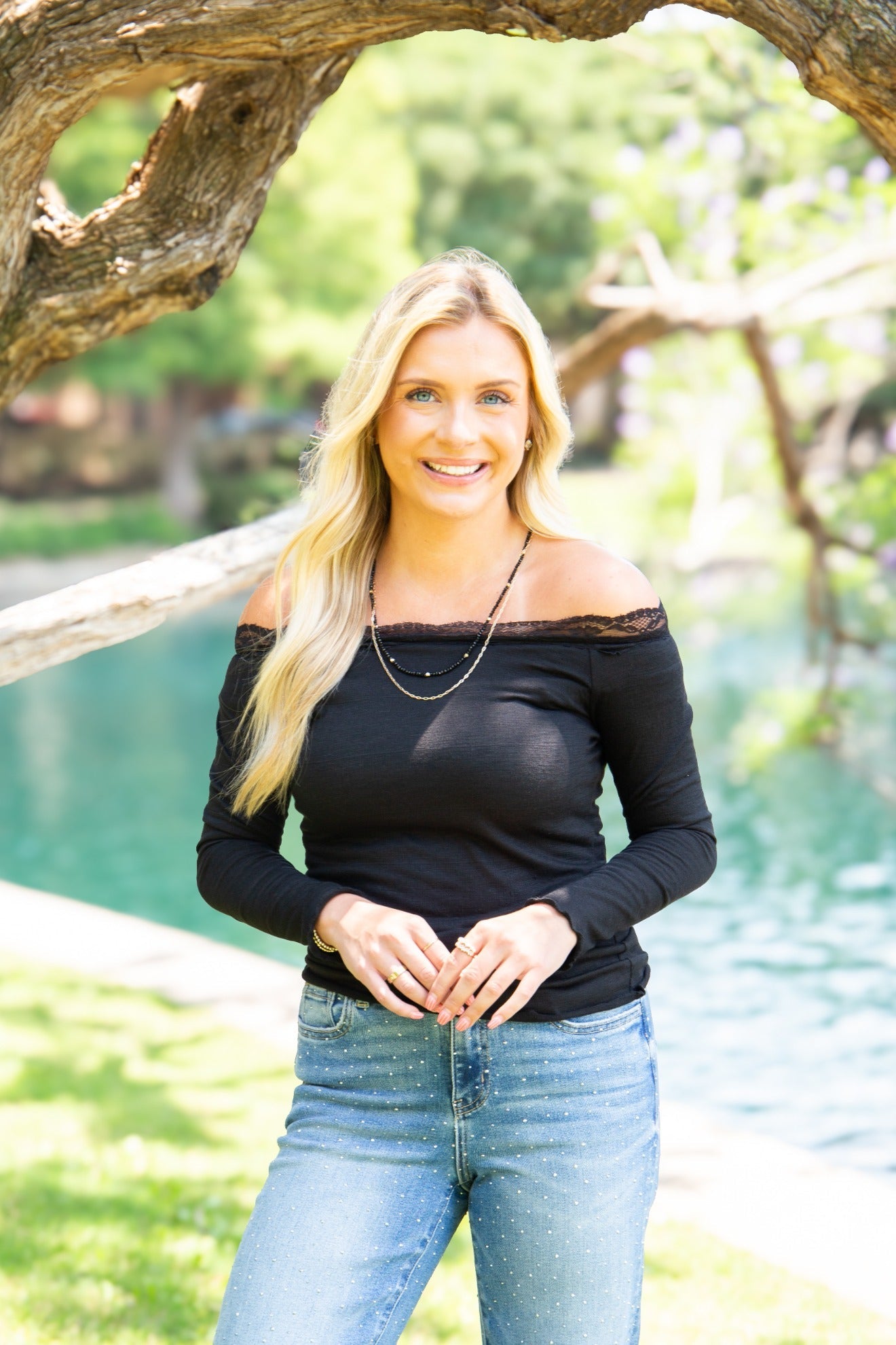 Longsleeve Off-the-Shoulder Top with Lace Trim, Black