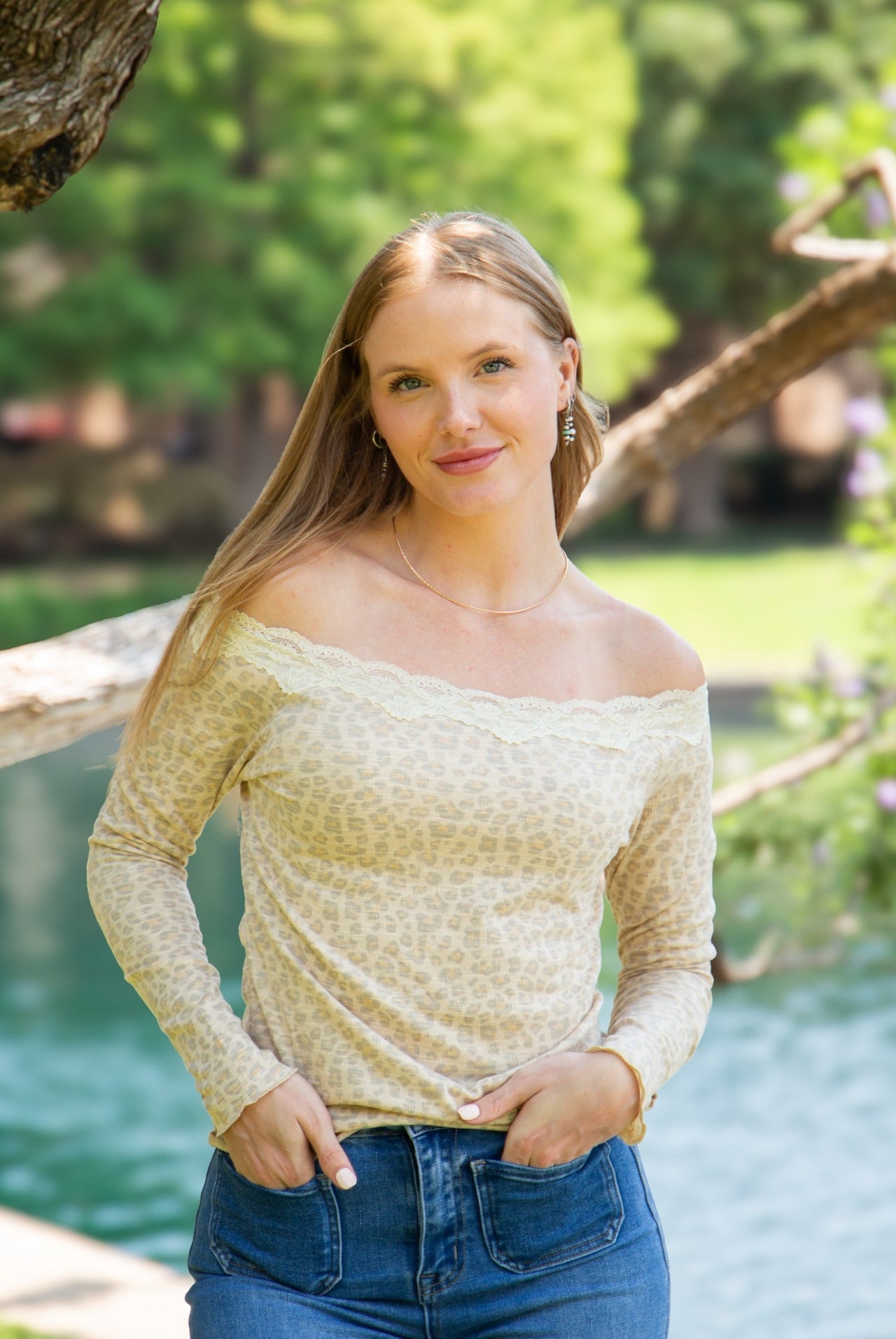 Longsleeve Off-the-Shoulder Top with Lace Trim, Leopard