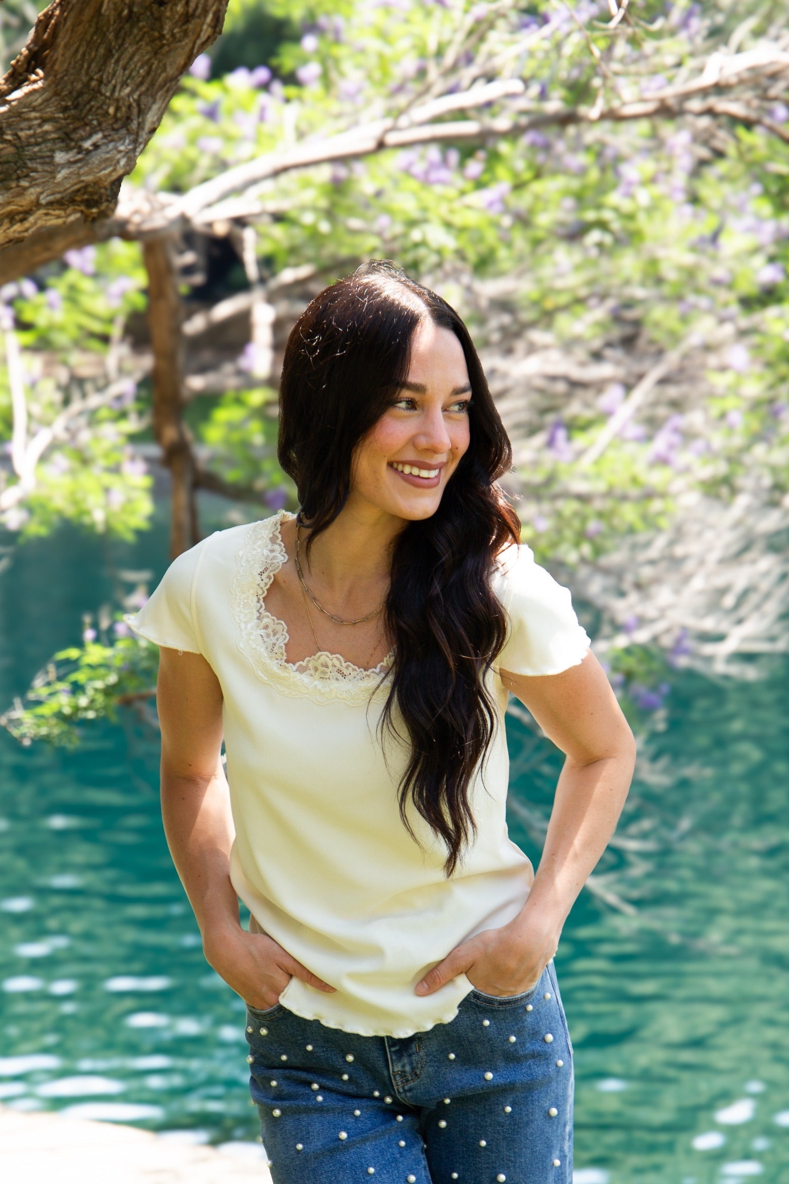 Square Neck Tee with Lace Trim, Ivory