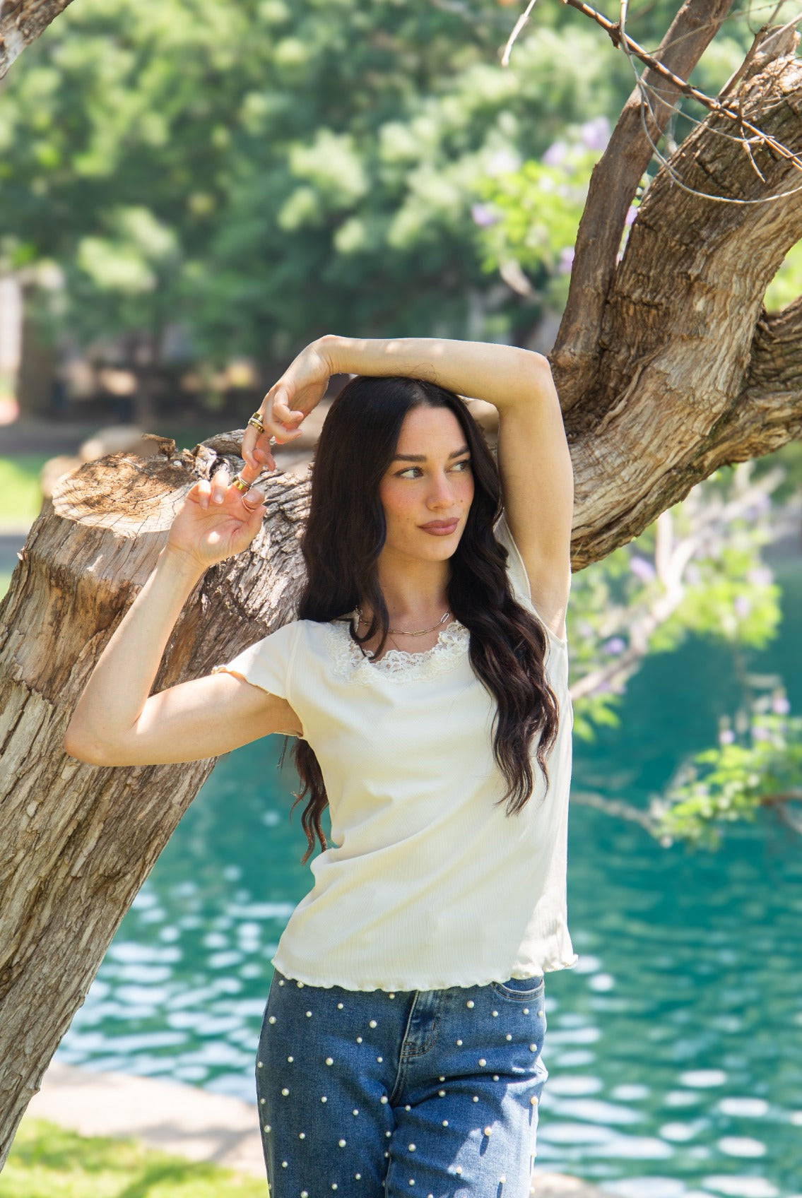 Square Neck Tee with Lace Trim, Ivory