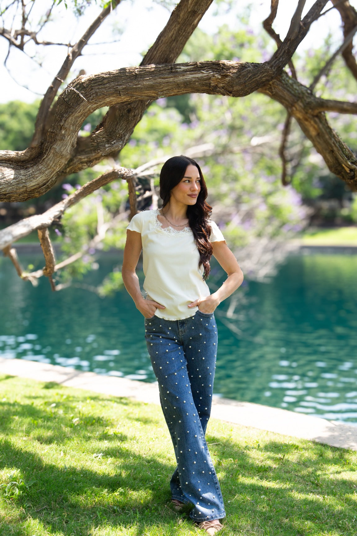 Square Neck Tee with Lace Trim, Ivory