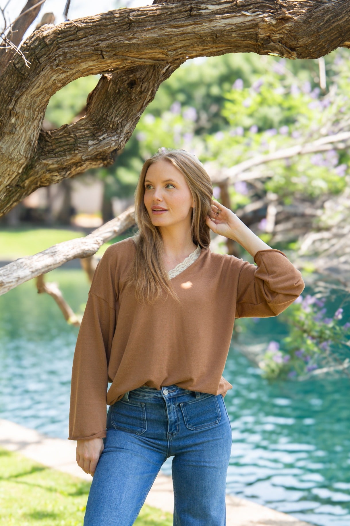 V-Neck Top with Lace Trim, Brown