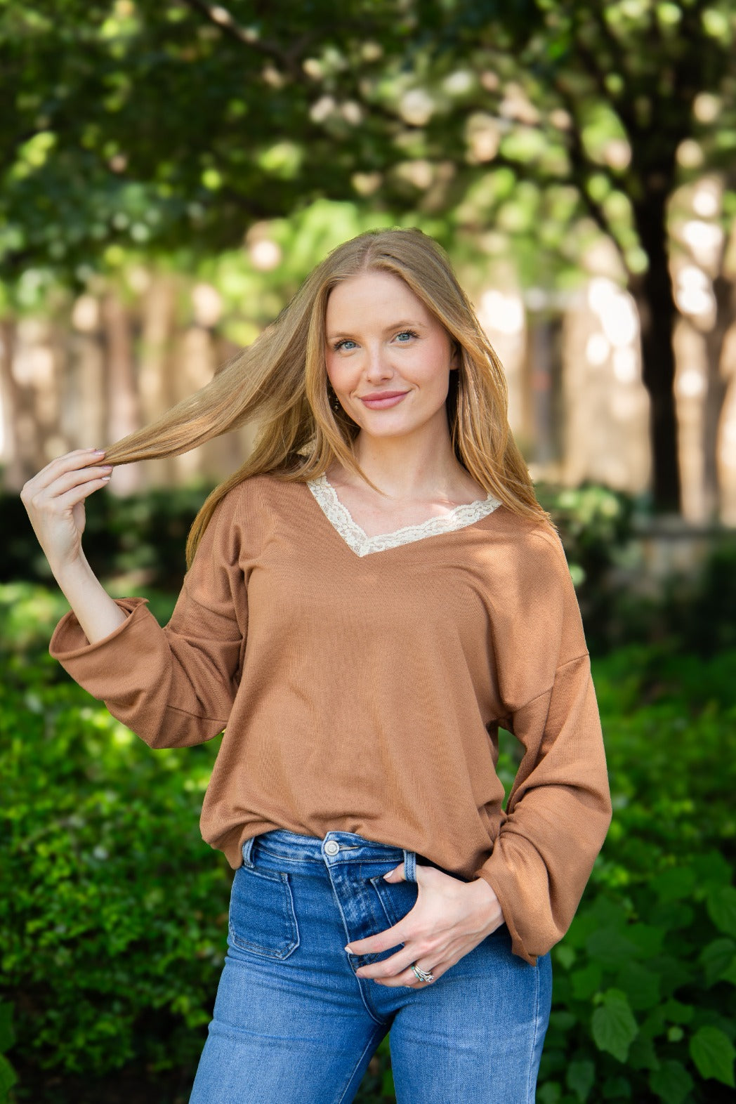 V-Neck Top with Lace Trim, Brown