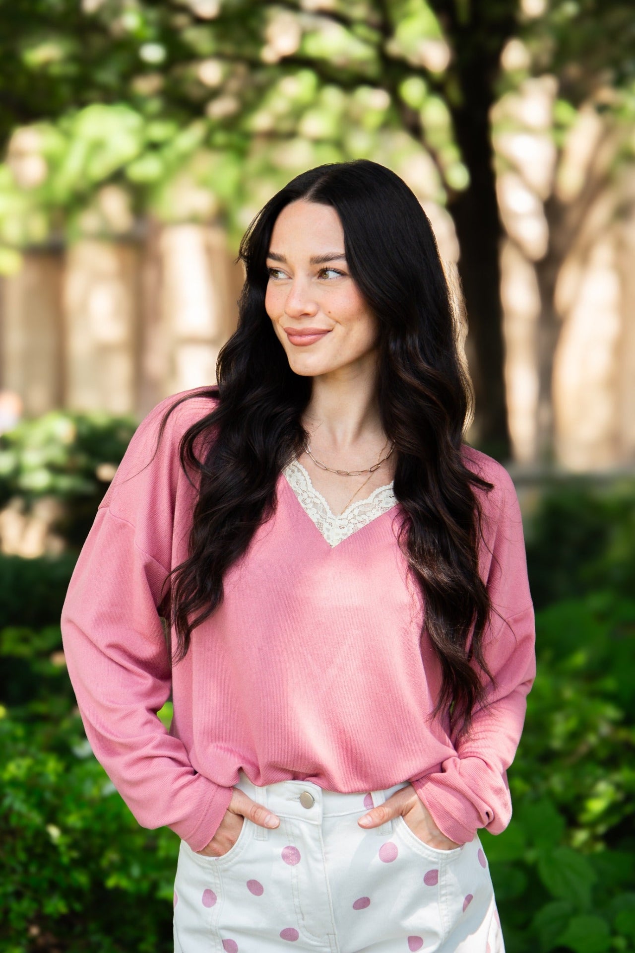 V-Neck Top with Lace Trim, Dusty Rose